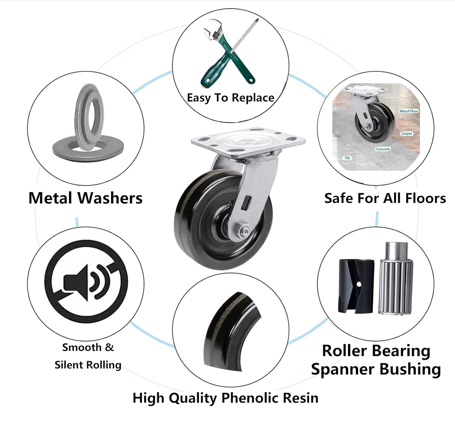 5"x2" Phenolic Wheel Top Plate Swivel Caster with Roller Bearing Capacity Up to 1000lbs (1 Swivel)
