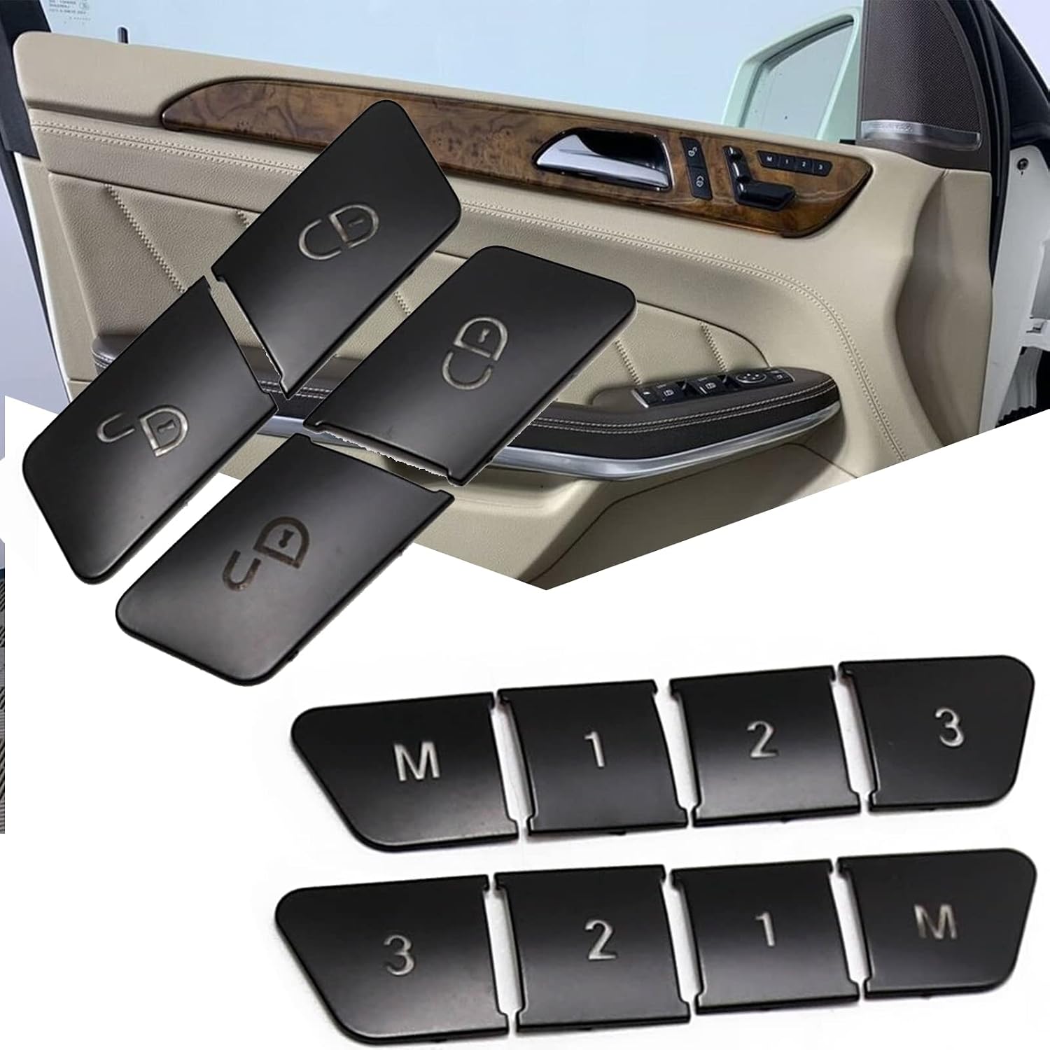 12pcs Car Seat Memory Door Lock Unlock Button Sticker, Adjust Switch Button Trim Cover, Replacement for Benz C Class E Class CLA GLA CLE (Black)
