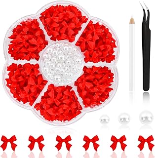 NACHLYNN 630 Pcs Bow Nail Charms - Red Bowknot 3D Cute Nail Charms - Flat Back Pearl White Flatback Pearl Beads for DIY Art Crafts Resin Rhinestones Jewelry Decoration Accessories