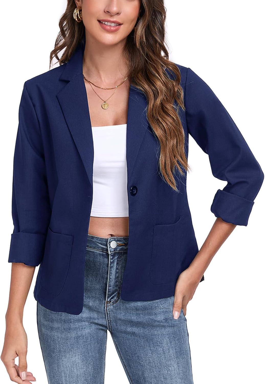 Womens Linen Blazer Long Sleeve Lightweight Work Office Jackets Casual Summer Lapel Button Blazers with Pockets, Navy Blue