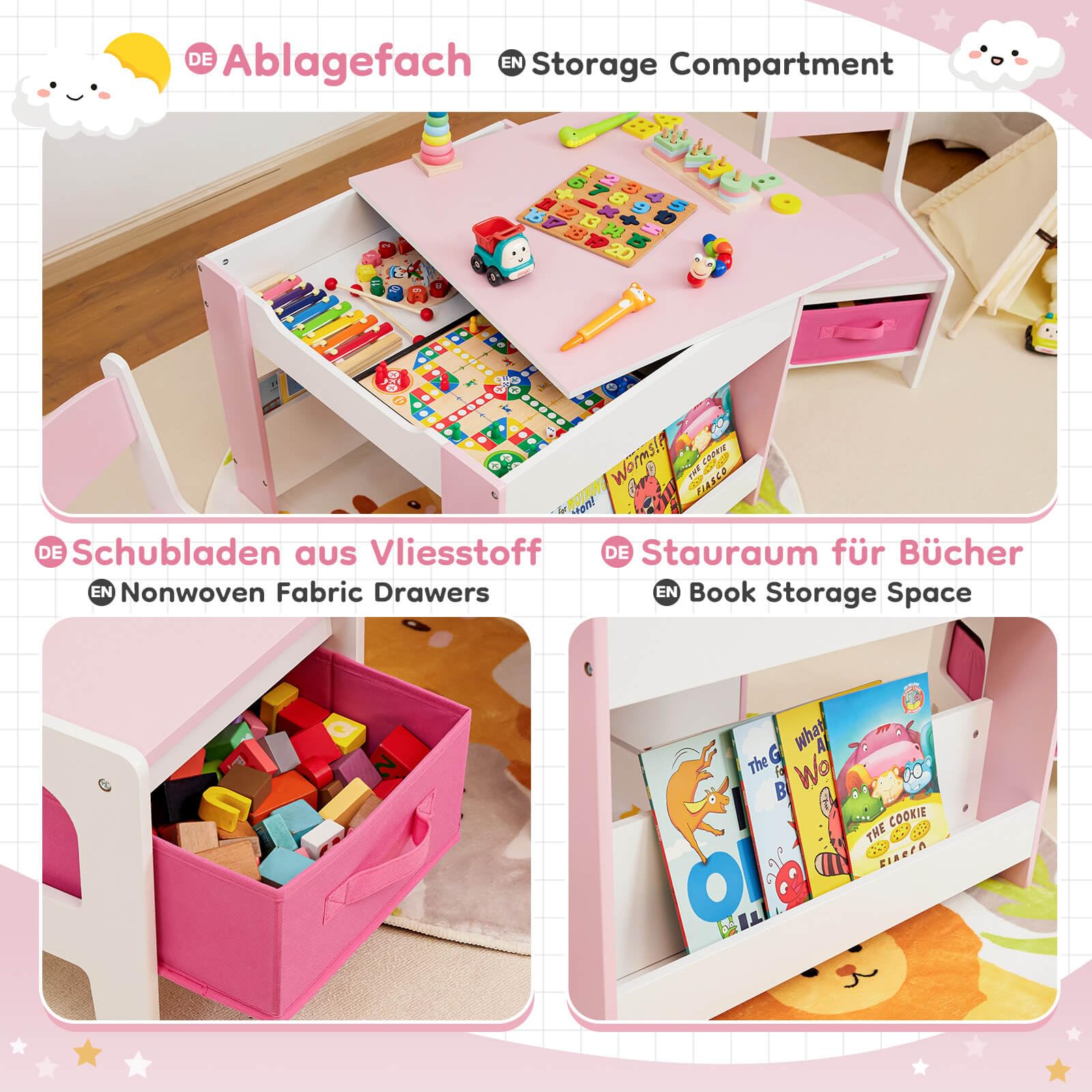 Set Tavolo E 2 Sedie Bambini Yorbay - Legno Con Lavagna E Storage, 62x62cm, 3-7 Anni - Foto 9