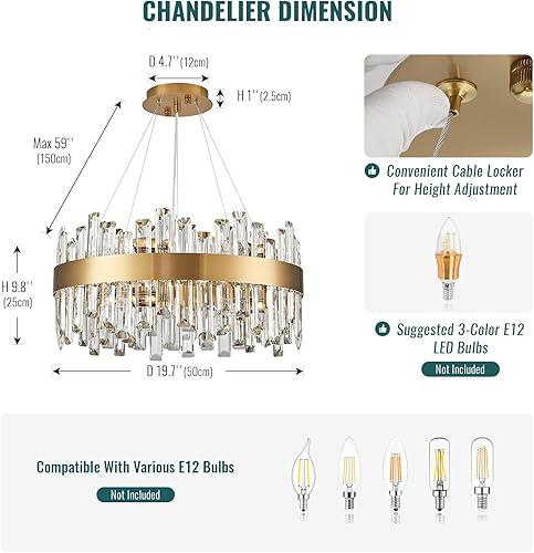 Miniatura 9 de Siljoy - Candelabro de cristal moderno, 12 luces, lujoso, redondo, de 2 niveles, con cristal K9 en forma de gota de lluvia, lámpara colgante de