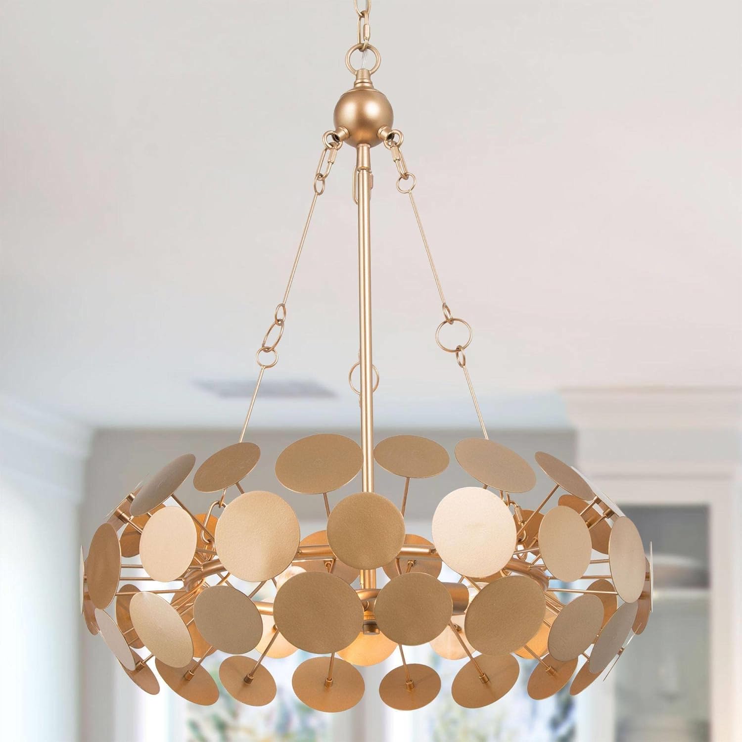 classy leaves Gold Chandeliers for Dining Room, Modern Gold Drum Chandelier Light Fixture, 3 Light Hanging Lights for Dining Room, Living Room, Bedroom, Dark Gold Finish