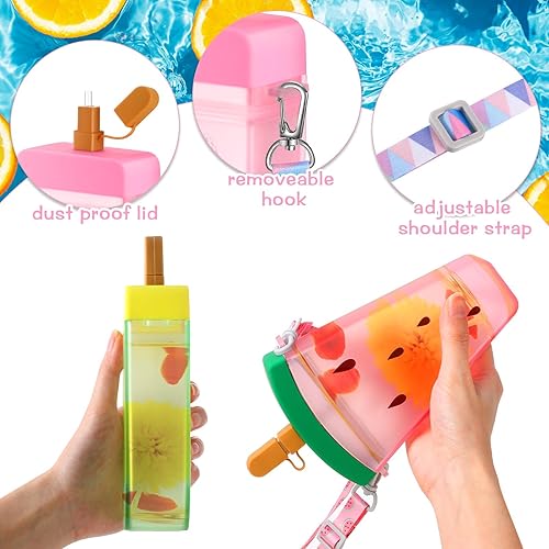 Miniatura 7 de 8 botellas de agua lindas con pajilla tazas de helado de sandía Kawaii para niños botellas a prueba de fugas con correa ajustable para el hombro