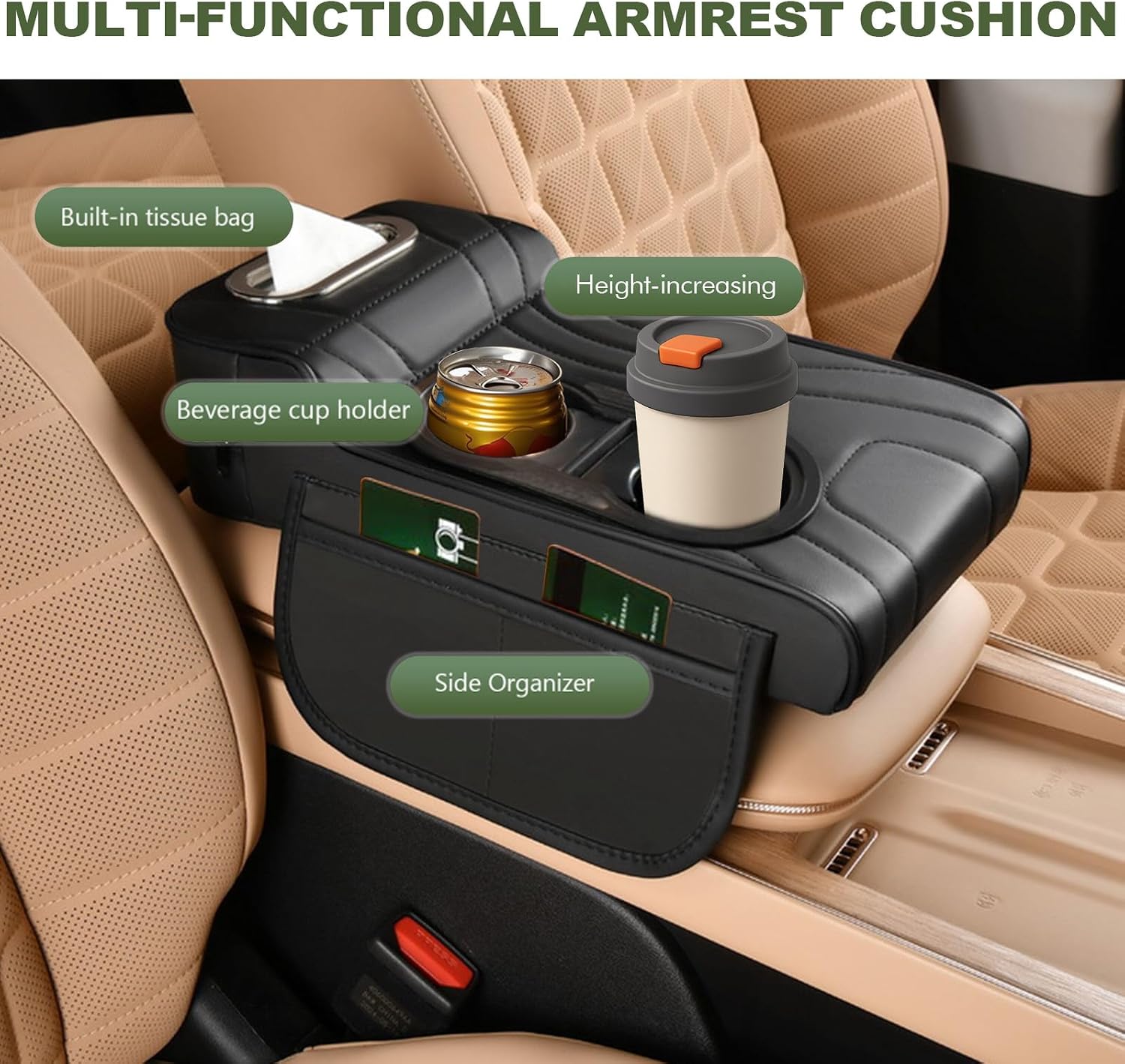 Upgrade Multifunctional Car Armrest Cushion,Center Console Cover with 2 Cup Holder,Arm Rest Cover for Car,Car Armrest Storage Box, Car Accessories Center Console Organizers for Most Cars