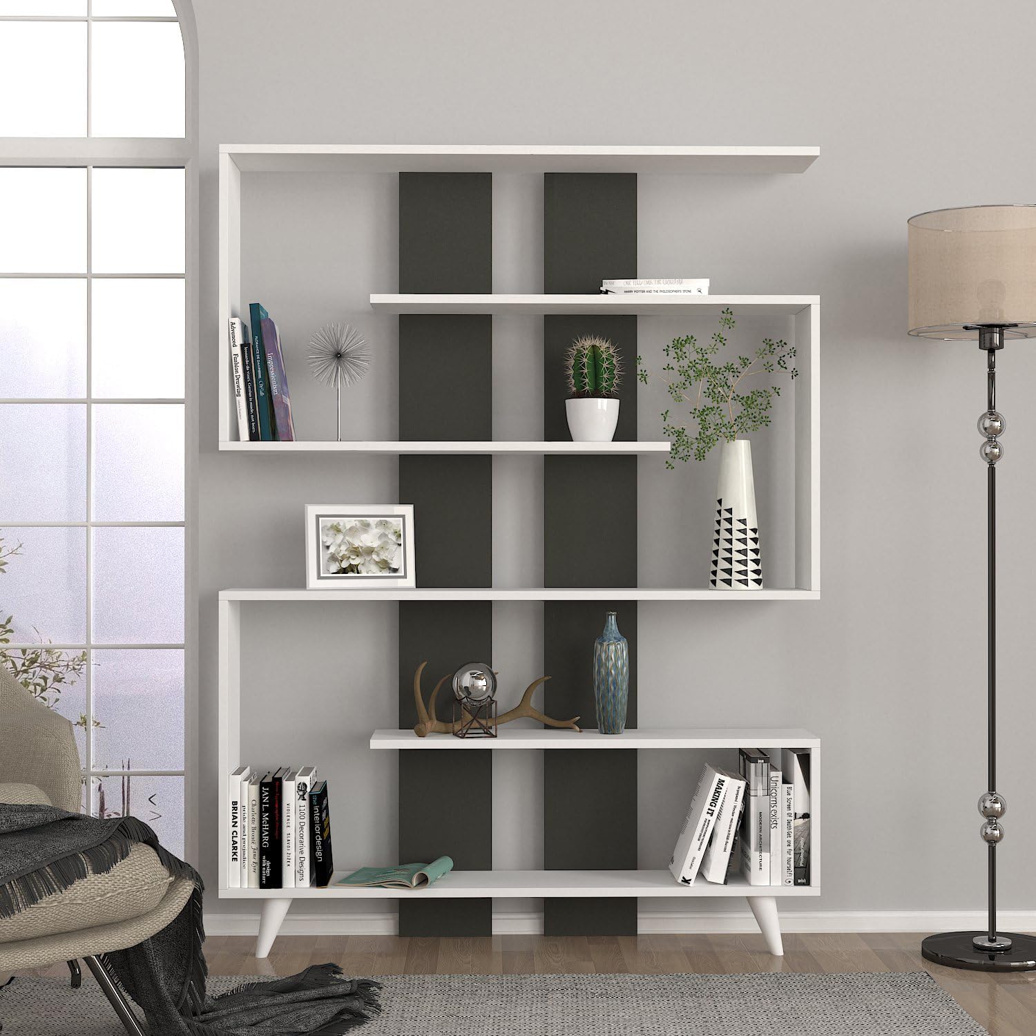 DORPEK Pillar Bookcase White Anthracite,S Shaped 5 Tier