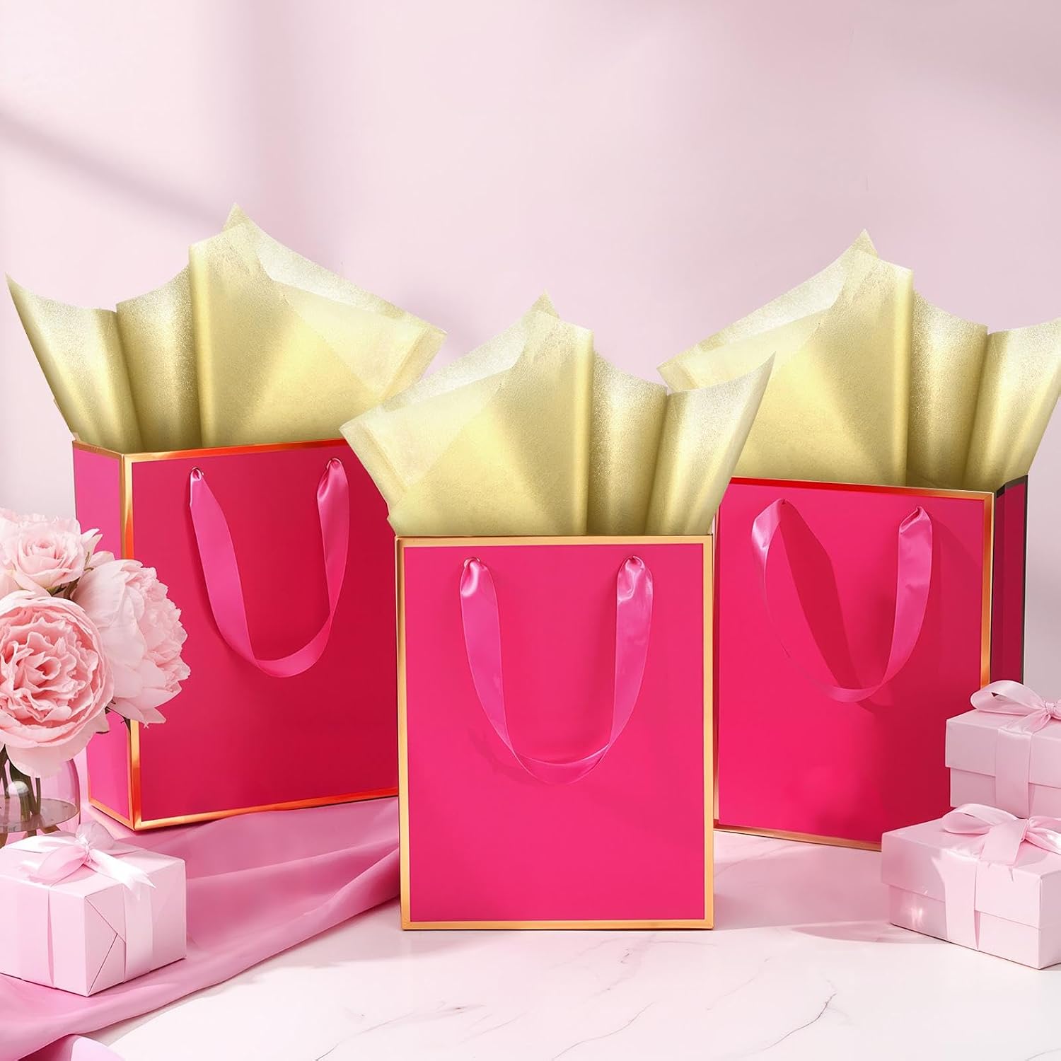 Yeaqee 10 Pack Paper Gift Bags with Handle Tissue Paper, Hot Pink, Gold image 5