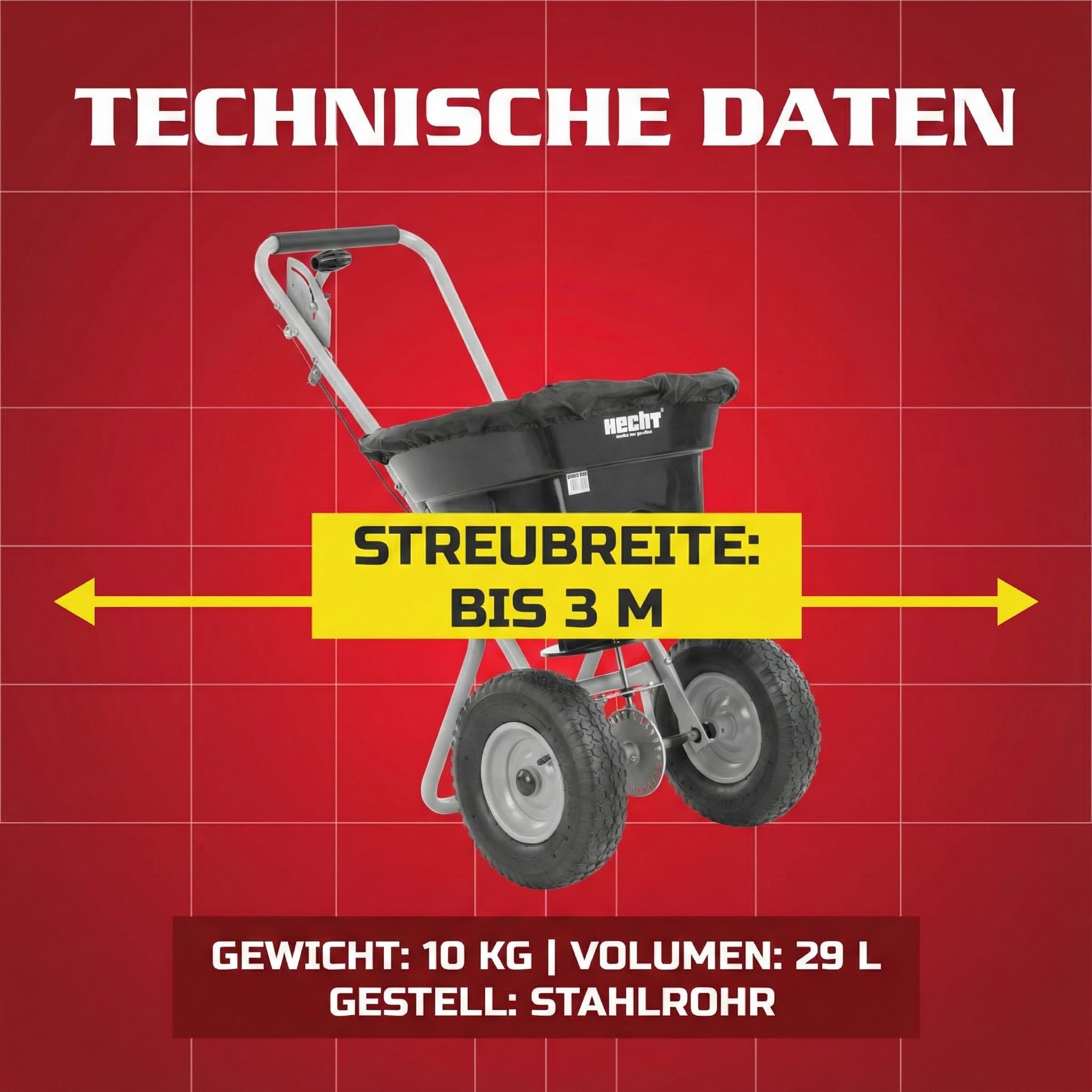 HECHT Streuwagen – Düngestreuer – flexible Streubreite – 29 Liter / 36 kg Streuer – Universal für den Winterdienst, als Aussaathilfe oder Düngerwagen für Rasen – Schleuderstreuwagen mit Luftreifen
