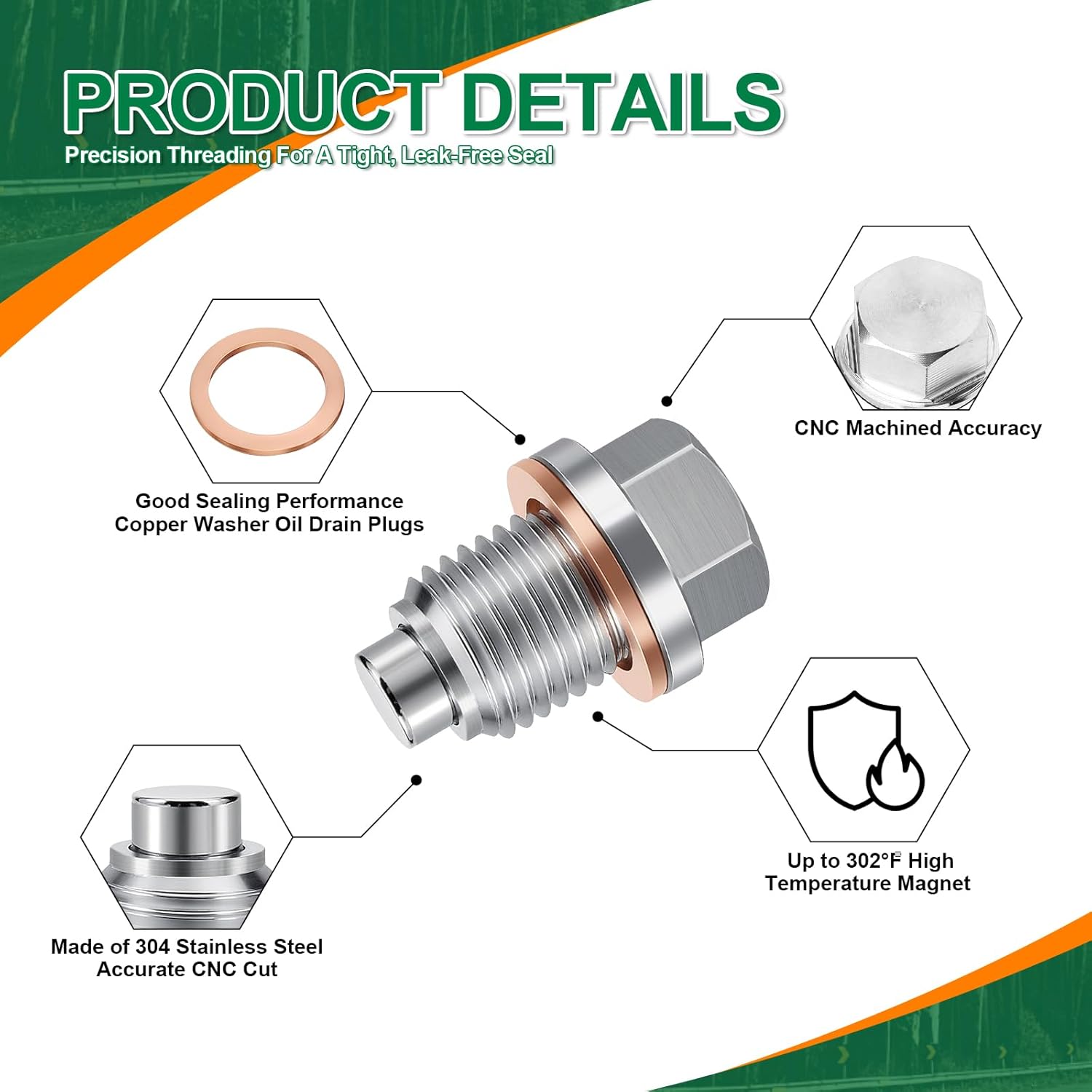 JUSTTOP M14 x 1.5 Magnetic Oil Drain Plug,Magnetic Stainless Steel Oil Pan Drain Nut Bolt with 5 PCS Washer Gasket,Fits for Ford GM Honda Hyundai KIA,Motorcycles,Boats