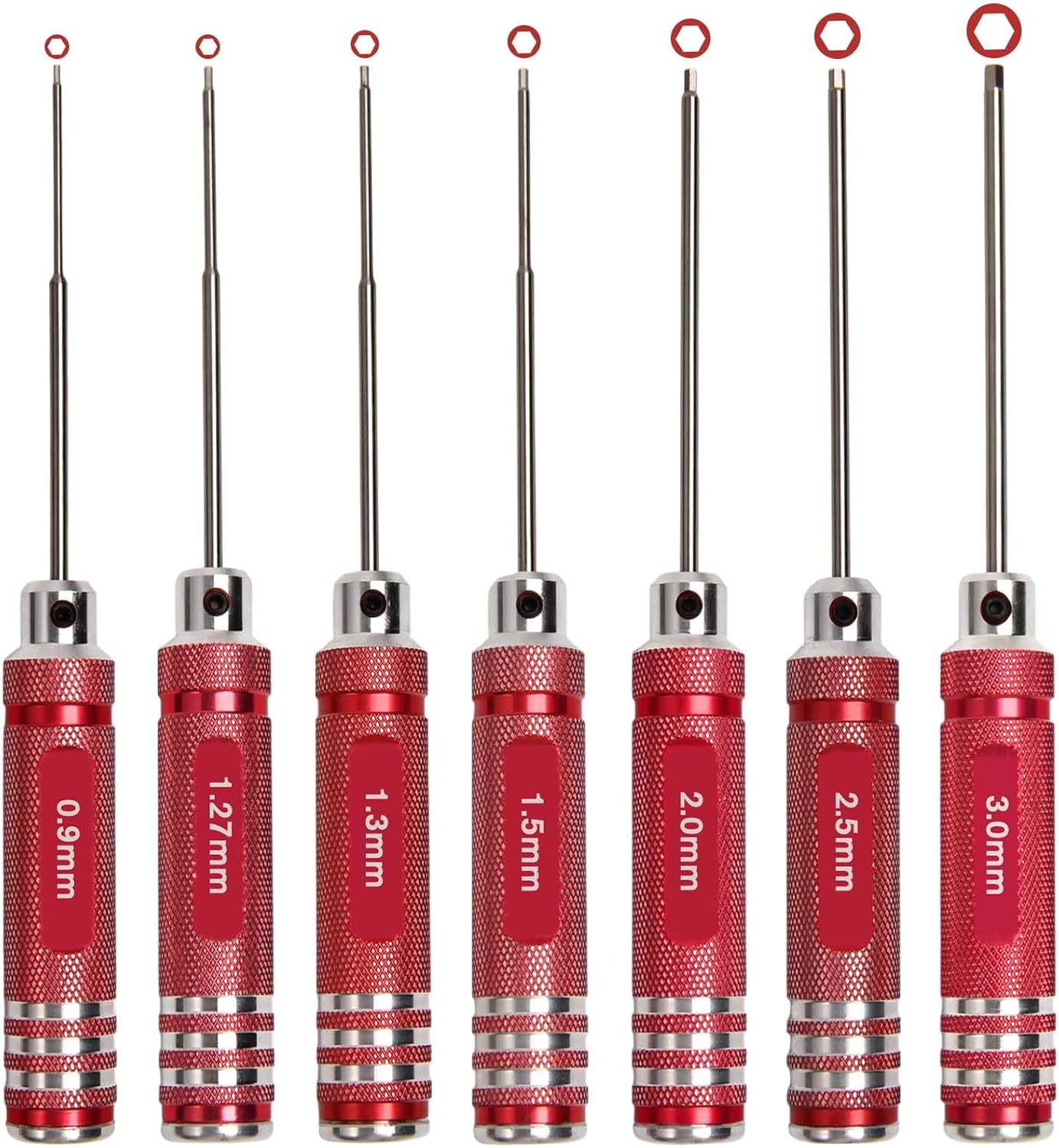 Hex Screw Driver Set 7 PCS RC Tool Kits 0.9, 1.27, 1.3, 1.5, 2.0, 2.5, 3.0mm Metric Hex Driver Set Micro Hexagon Allen Wrench Screwdriver Kit for RC Car Drone Multi-Axis Helicopter Models