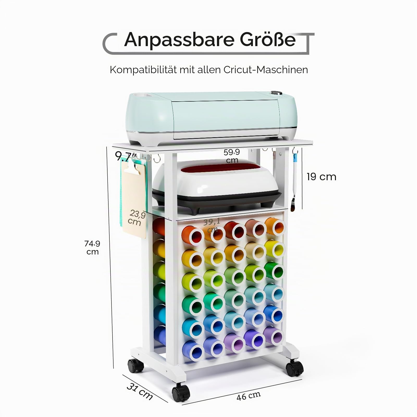 Crafit Bastelwagen Kompatibel mit Cricut Maschinen, Rollbarer Aufbewahrungswagen mit 30 Vinylrollen Halterungen, Organizer und Aufbewahrung für das Bastelzimmer - Kompakt und Abnehmbar Weiß