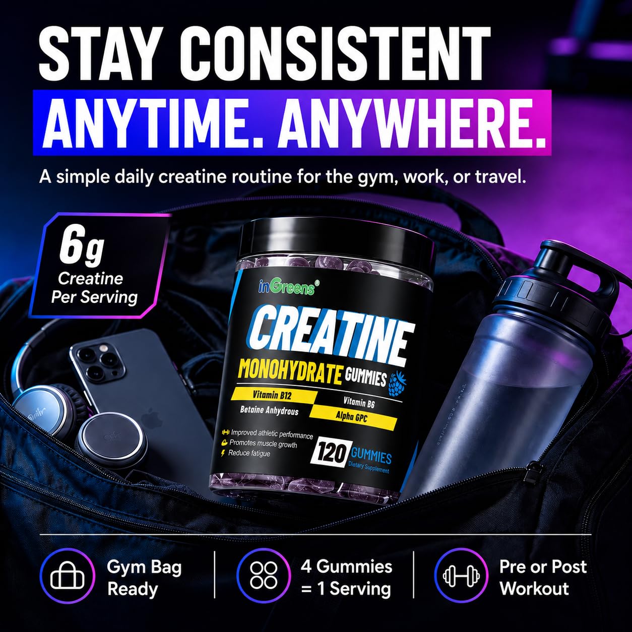 inGreens 6g Creatine Gummies – High-Strength Creatine Monohydrate Chews for Men & Women – Sugar Free Workout Supplement for Muscle Support, Strength, Energy & Recovery – 120 Count — Amazon image 11