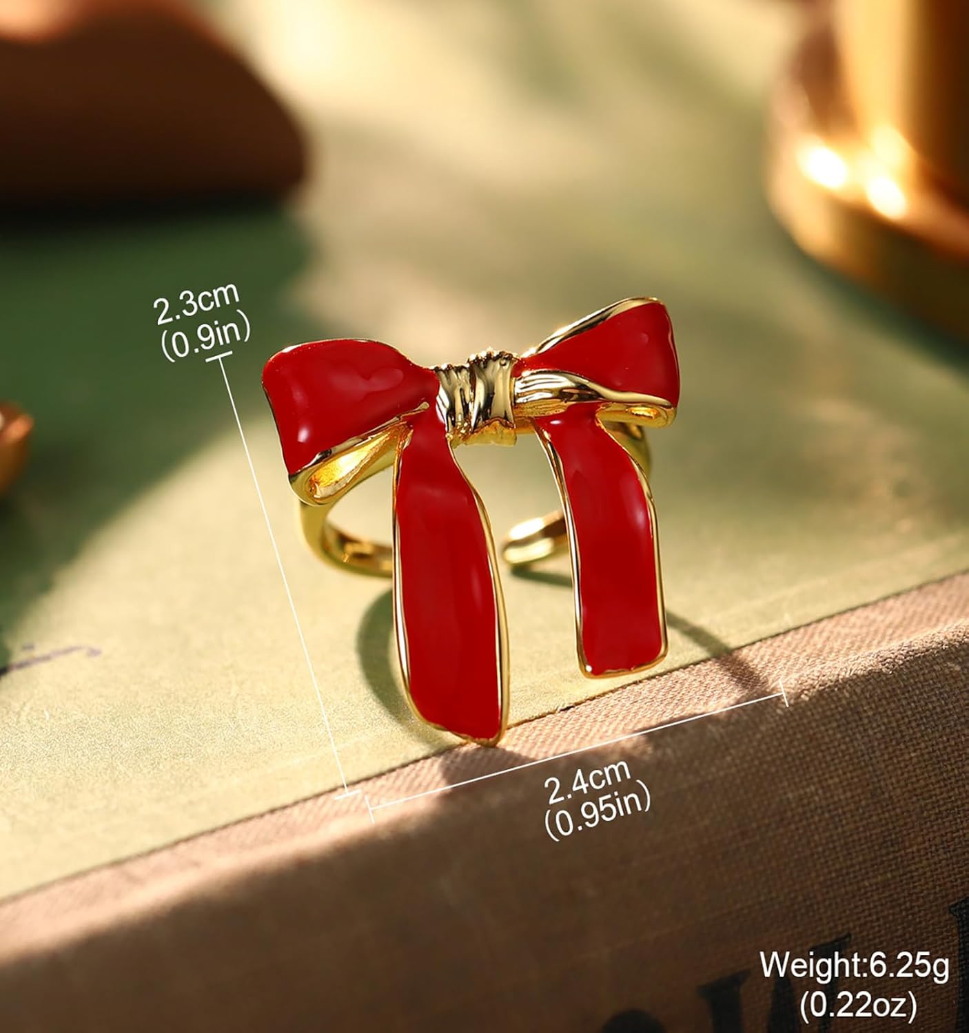 Red Bow Knot Statement Open Ring for Women - Gold Plated Enamel Ribbon Bowknot Adjustable Rings Wedding Anniversary Comfort Fit Thumb Finger Bands Cute Christmas Birthday Jewelry - Image 2