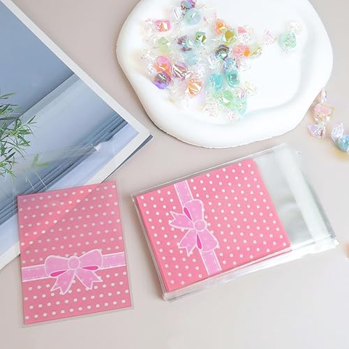 Miniatura 3 de Bitray 300 bolsas de dulces con patrón de lazo autosellante, color rosa, desechables, plástico sellado con adhesivo, material de OPP, cierre