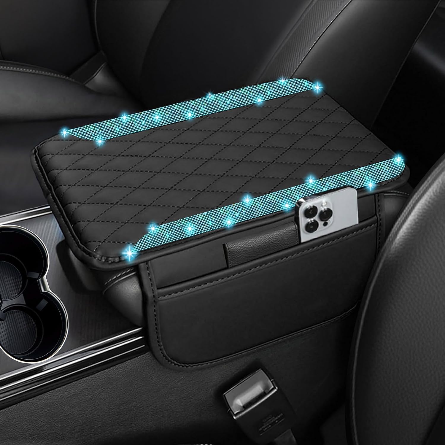 NBTEPEM Bling Car Center Console Armrest Cover, Microfiber Leather and Diamond Middle Console Cover with 2 Storage Bags, Bling Accessories Interior for Most Vehicles (Silver Diamond)
