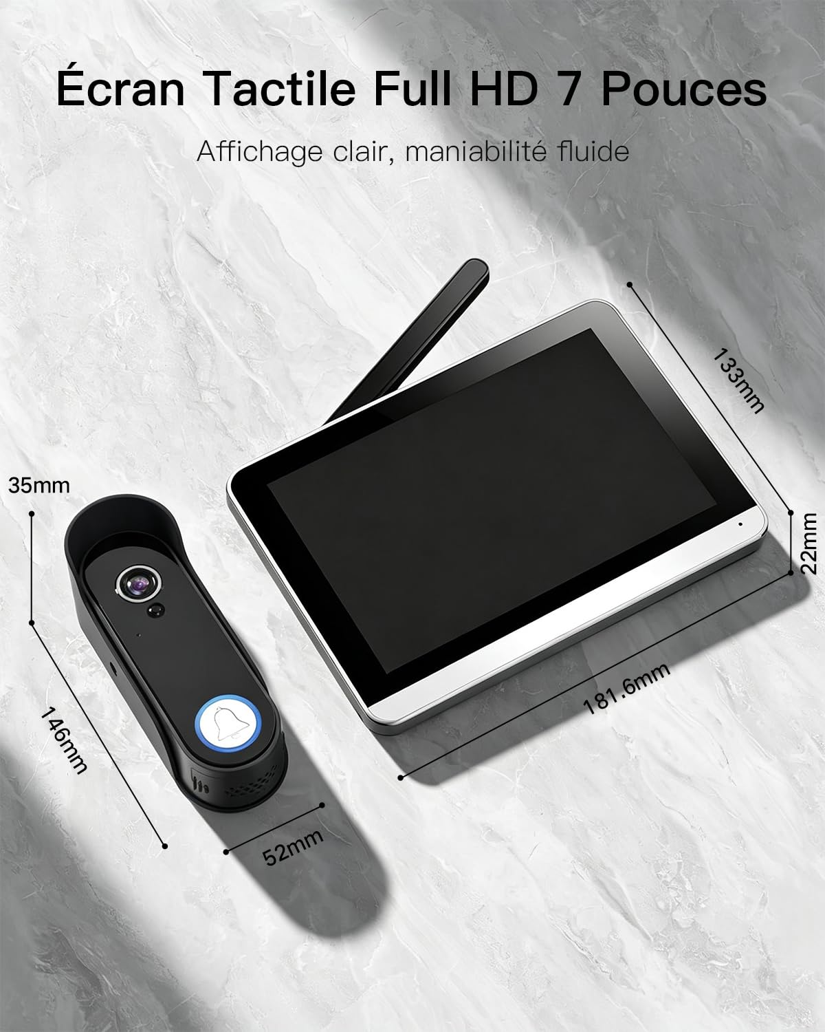 XPJ Interphone Vidéo Sonnette Sans Fil avec Camera et 7" Ecran Moniteur Visiophone Portier Connectée WiFi 1080P, Détection de Mouvement, Vision Nocturne, Audio Bidirectionnel, Stockage Local, Tuya APP