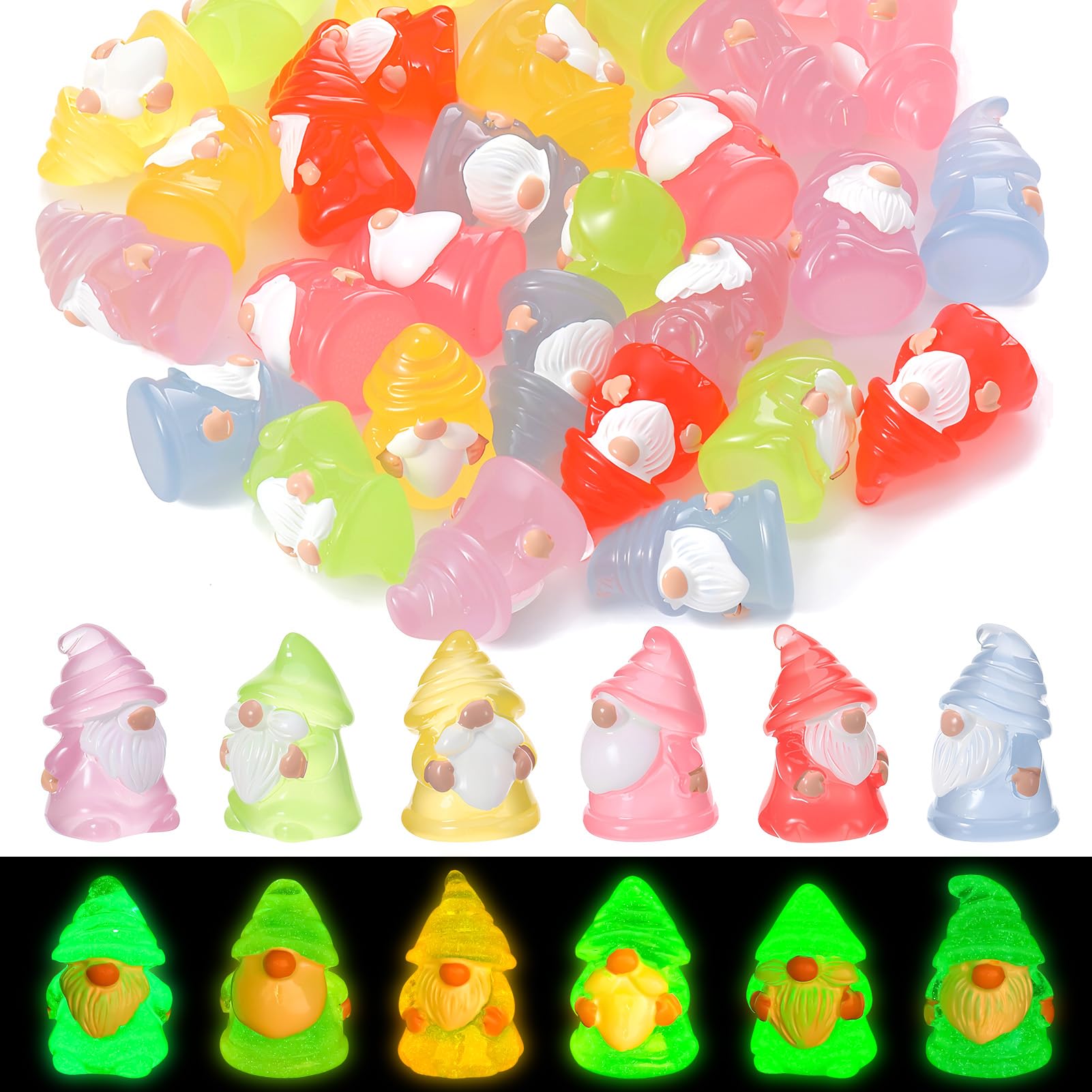 GSrenyu 30 Pcs Mini Gnomes Figurines Luminous Resin Gnomes 6 Colors Mini Resin Figures Garden Gnome Miniature Figurines for Garden Landscape Dollhouse Patio Yard Lawn Potted Decor