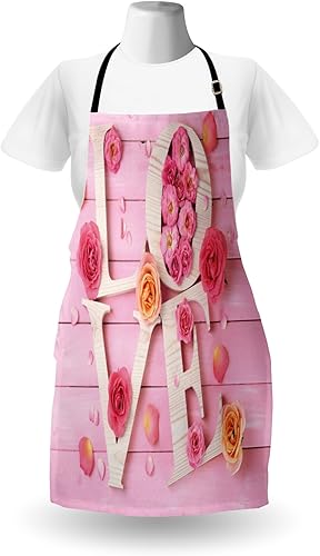 Miniatura 2 de Lunarable Delantal rosa pálido, letras de amor de madera sobre fondo de madera rústica, temática floral romántica de San Valentín, babero de cocina