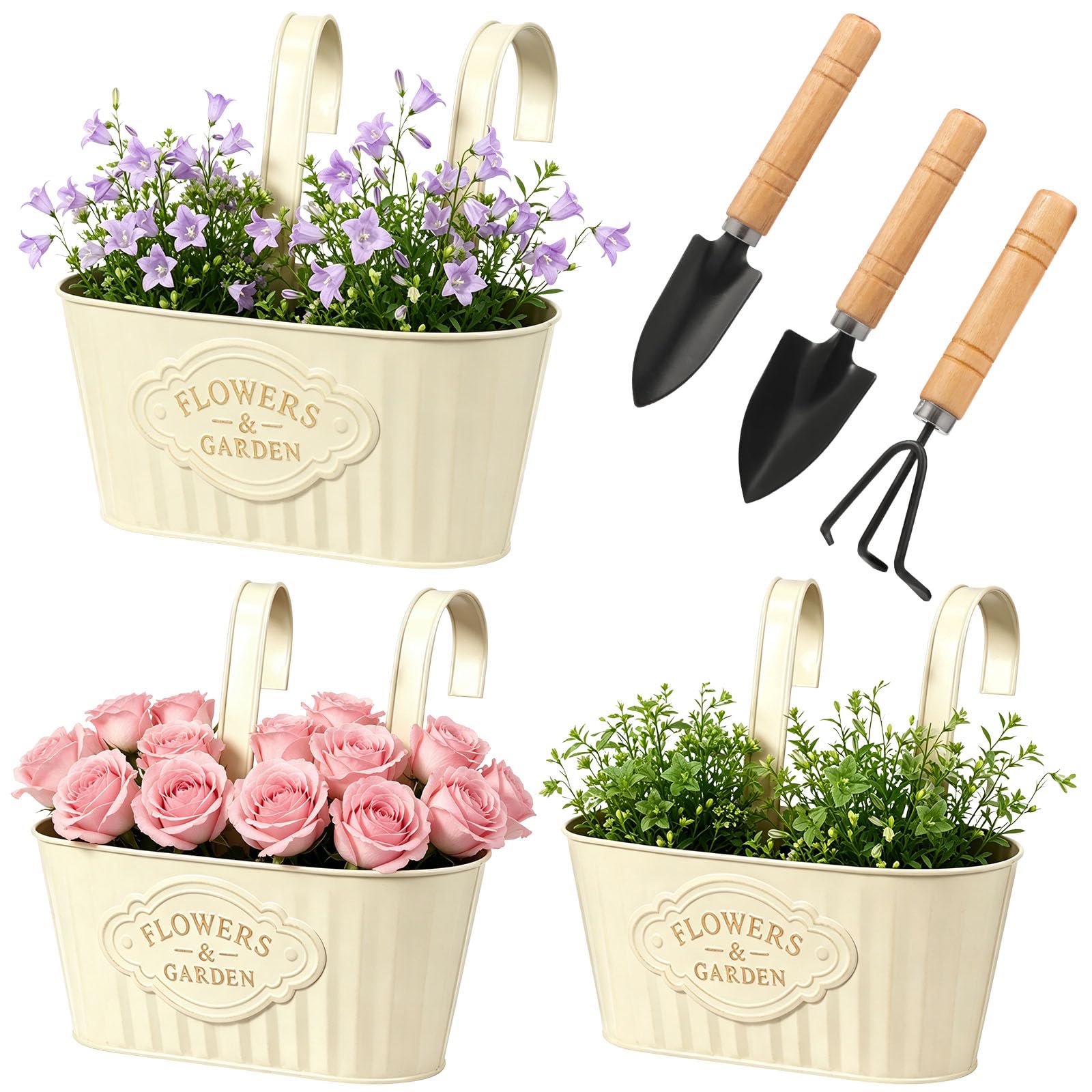 shaojian 3 Pack Metal Hanging Plant Pot & 3-Piece Gardening Tools Set, Oval Balcony Planter Over Fence Flower Pots with Removable Hooks, Vintage Railing Planter for Outdoor Garden(beige)