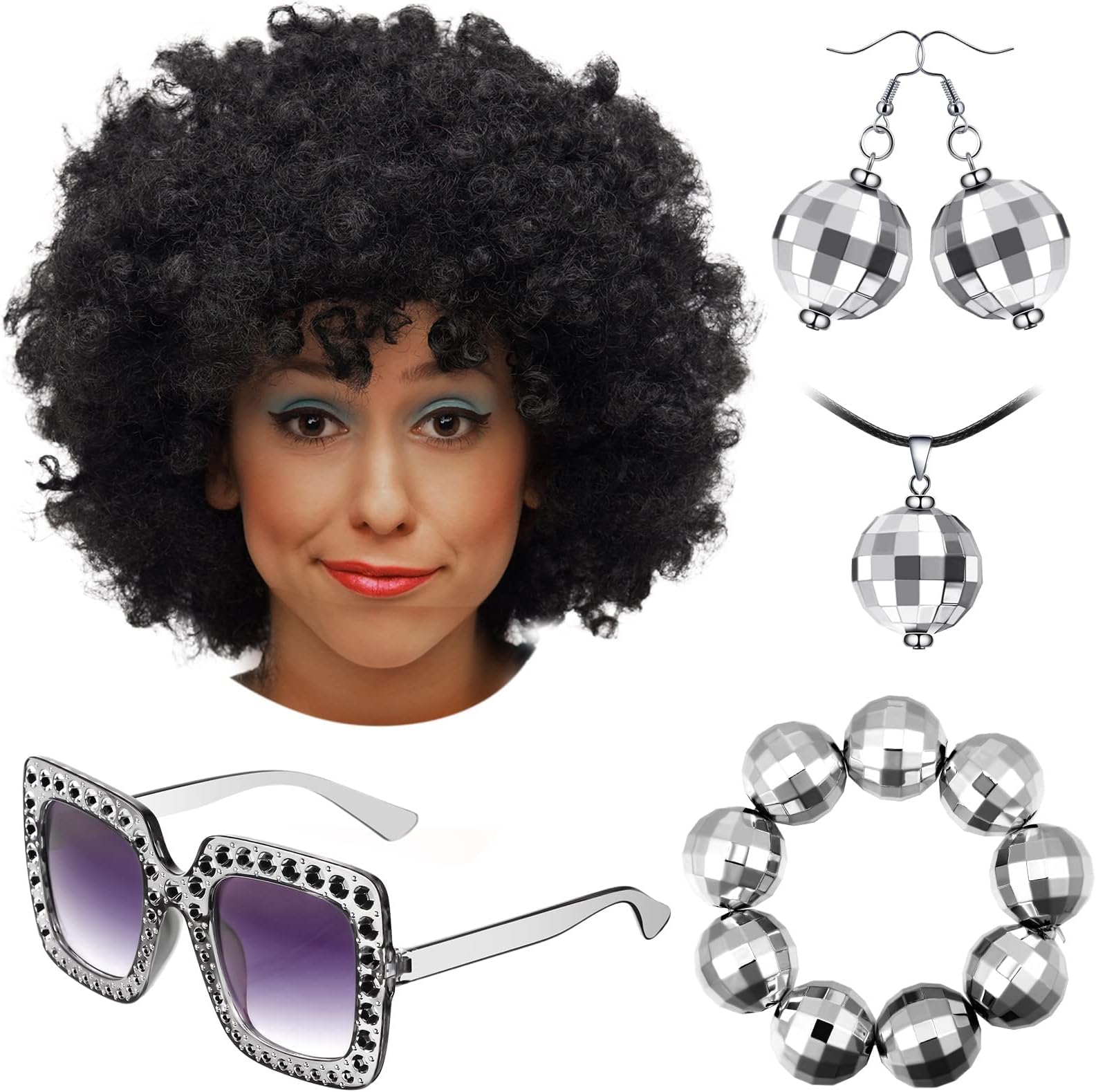 1970S Disco Accessories Set, 5 Pcs Costumes Afro Wig Ball Earrings Necklace Bracelet And Sunglasses For Women Daily (Black + Silver)