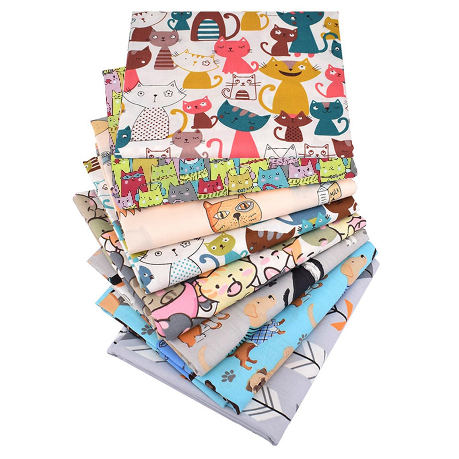 EXGOING 8PCS Cotton Fat Quarters Fabric Bundles 50x50cm (20"x20")-High-Density Material for Sewing, Quilting & Patchwork for DIY-Animal, Floral, Polka Dot, Check Patterns (8pcs Cartoon Cat)