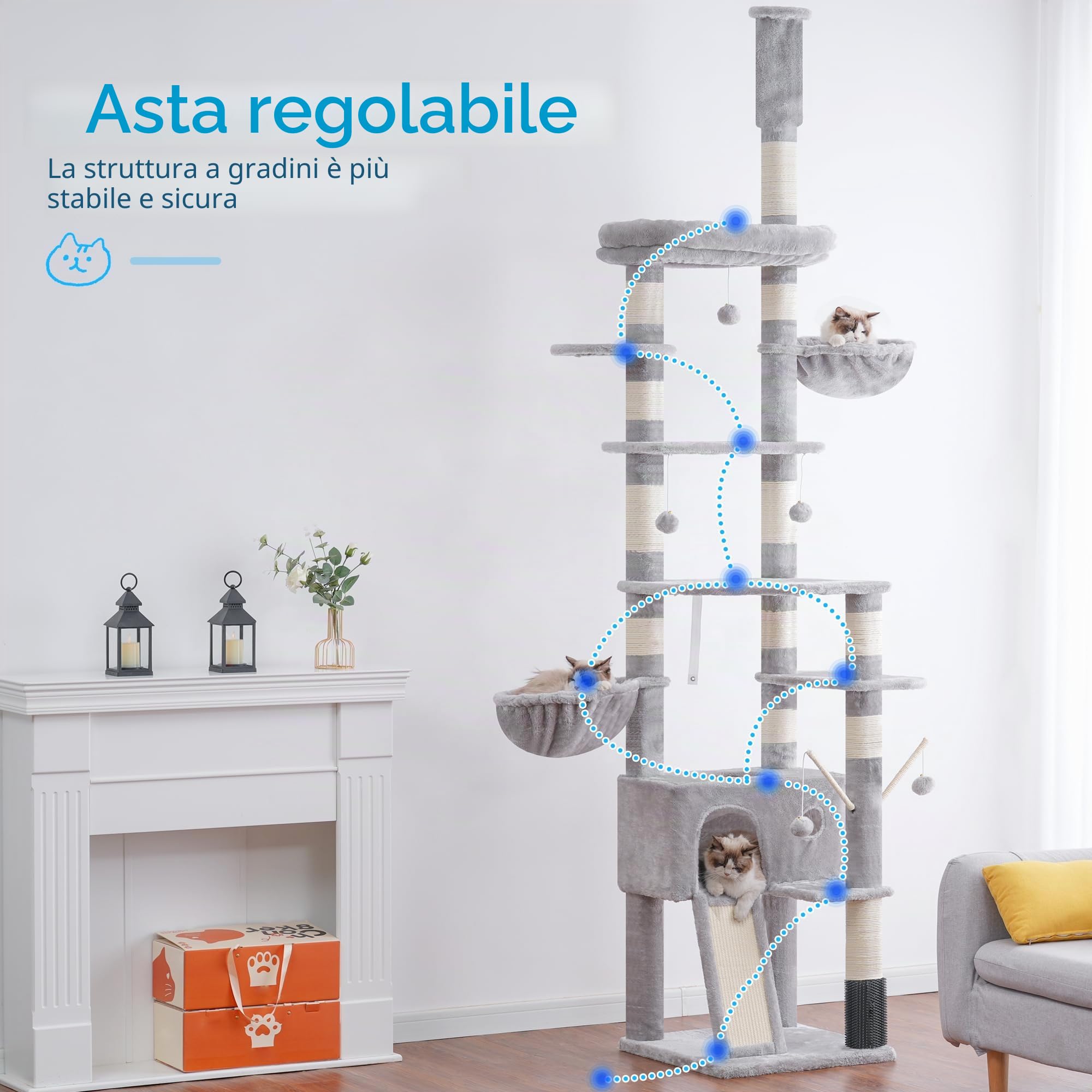 Hey-brother Albero tiragraffi regolabile in altezza, 250-280 cm, che raggiunge il soffitto, torre per gatti di grandi dimensioni, con grotta, grigio chiaro 0MPJ091W