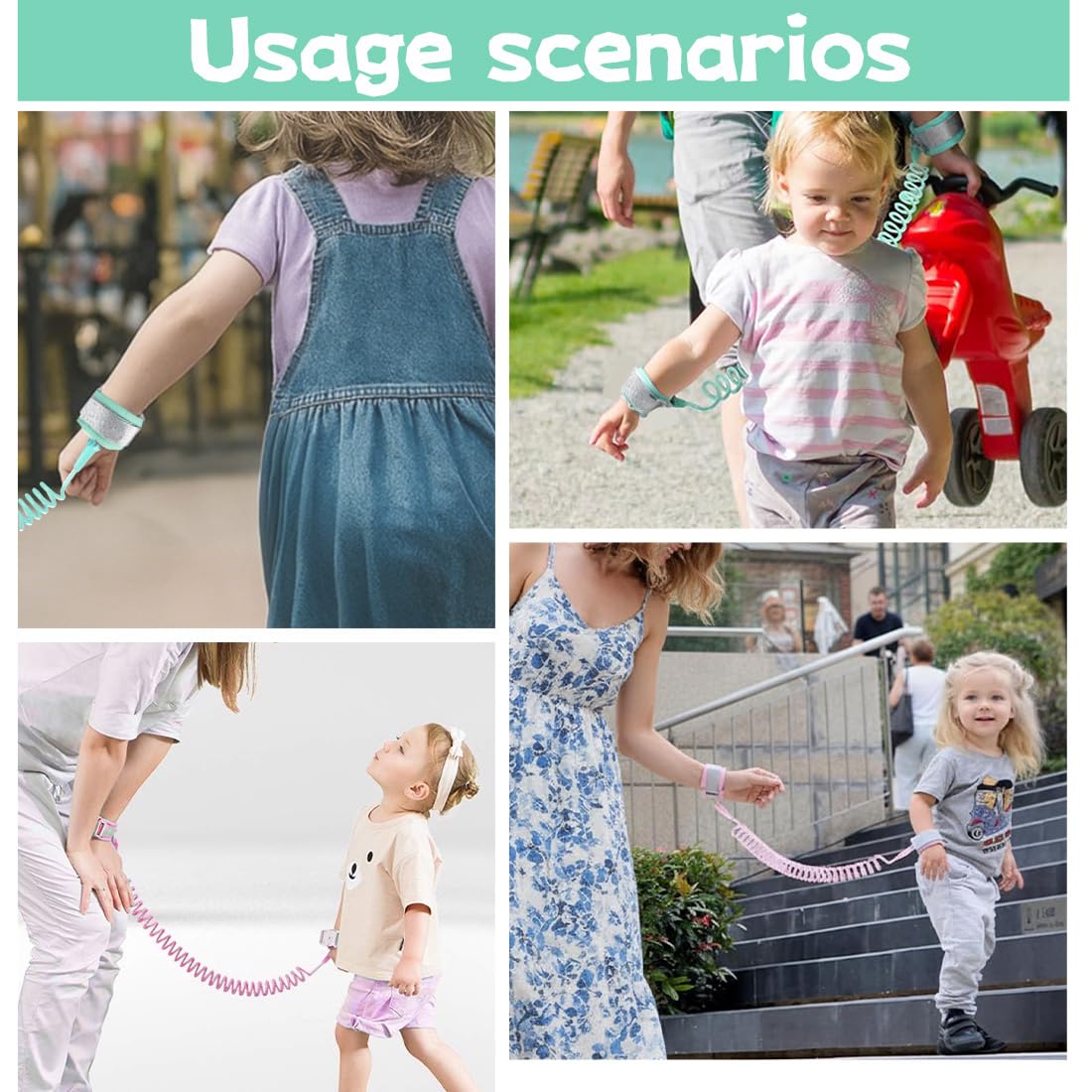 2PCS Laisse De Sécurité Pour Enfants, 2M Anti-perdu Barcelet, Harnais de Sécurité Enfant, Bébé Anti-Perdu Poignet, Rotation à 360° Bracelet Pour Voyage Supermarché Exploration Helper (Rose, Grün)