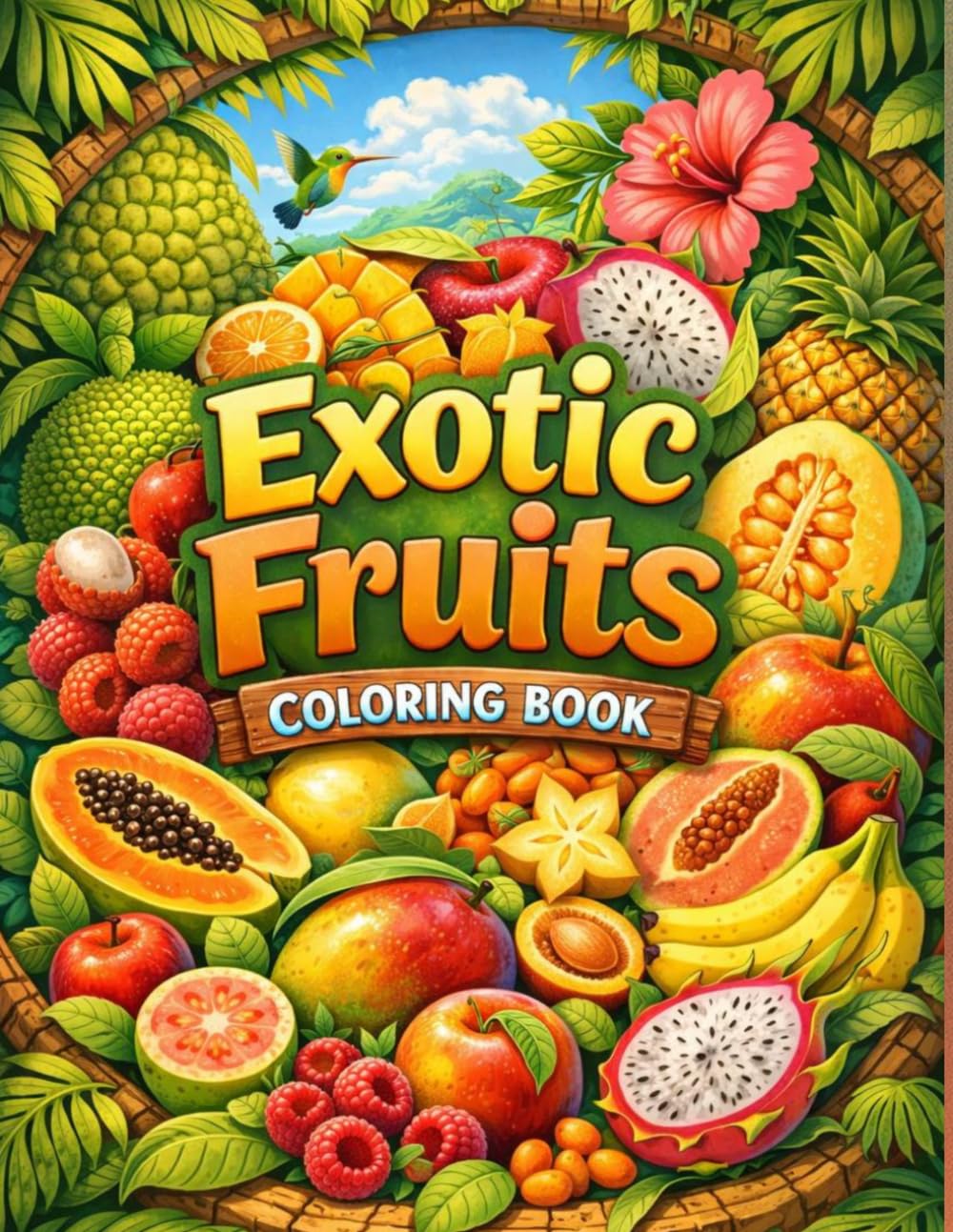 Exotic Fruits Coloring Book: Easy and Beautiful Tropical Fruits to Color for Kids – Papaya, Mango, Dragon Fruit, Lychee, Star Fruit and More 35 Pages.