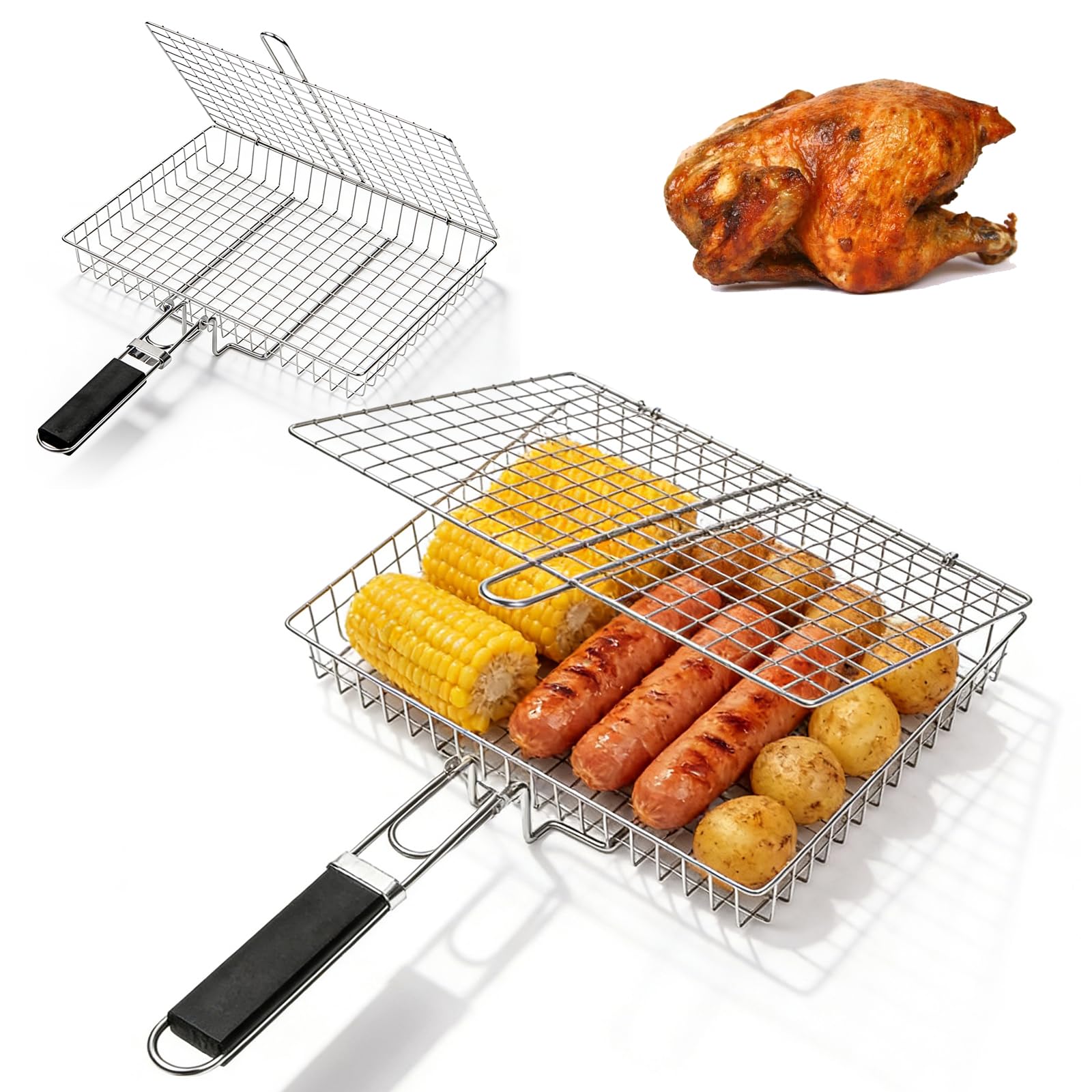 Lot de 2 paniers de barbecue en acier inoxydable - Support pour poisson - Panier à légumes et viande - Pour barbecue, camping et barbecue en plein air