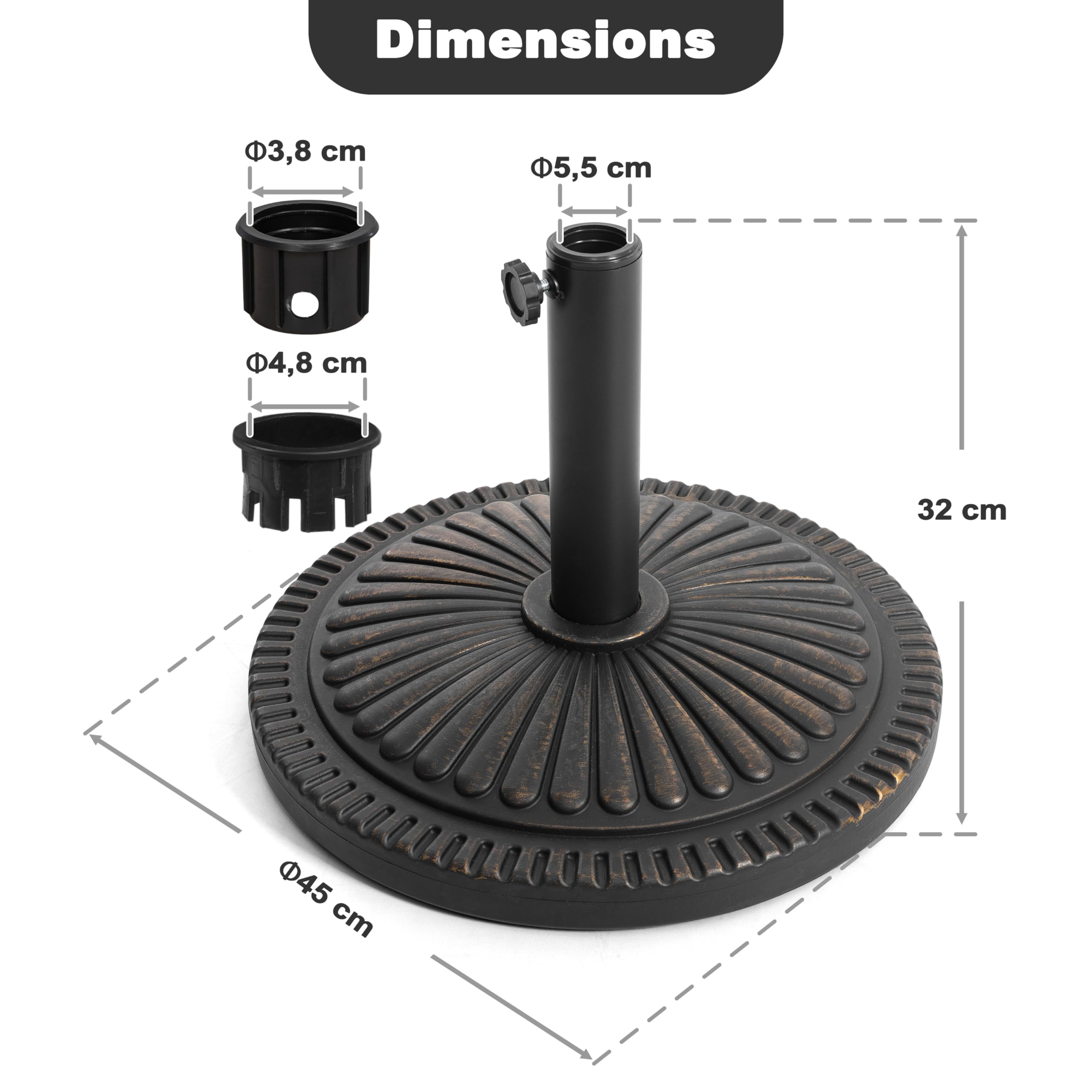 Avestar 15 kg Pied de Parasol Rond pour l'Extérieur, Socle Lesté avec Bouton Rotatif pour Mâts de Parasol Ø38-48 mm, Adapté pour Le Jardin, la Terrasse, Noir avec Bord Doré