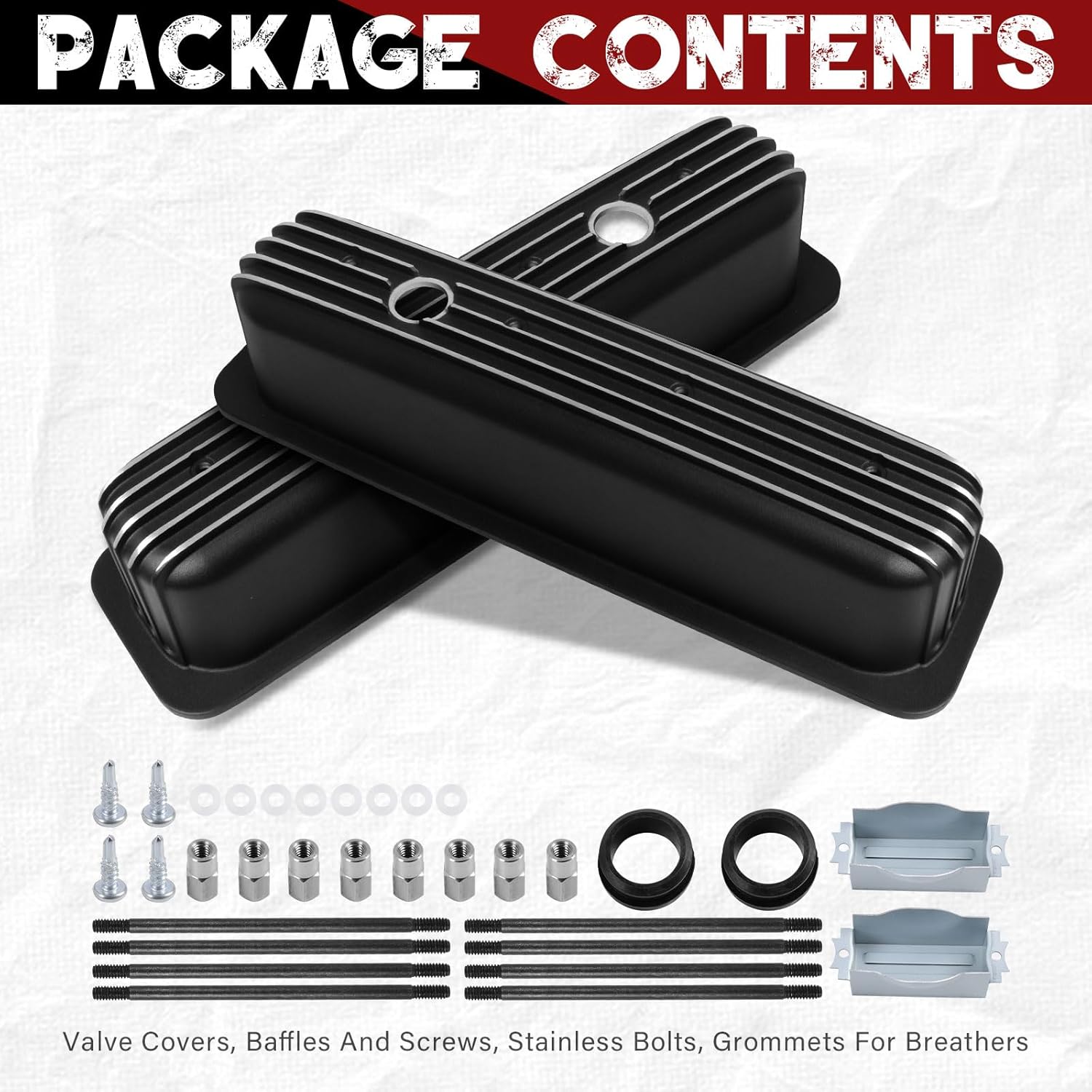 Tall Style Aluminum Finned Valve Covers for 1987-up Chevy SBC 305-350 Center Bolt w/Hole - Black