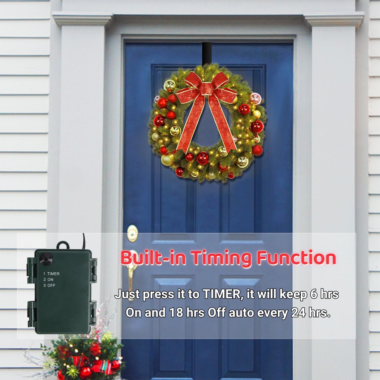 Juegoal 21 Inch Pre-Lit Christmas Wreath with Metal Hanger, Lighted Xmas Folded Wreath with 60 LED Lights, Red Bow and Colorful Balls, Battery Operated & Timer for Outdoor Home Window Wall Front Door - Image 4