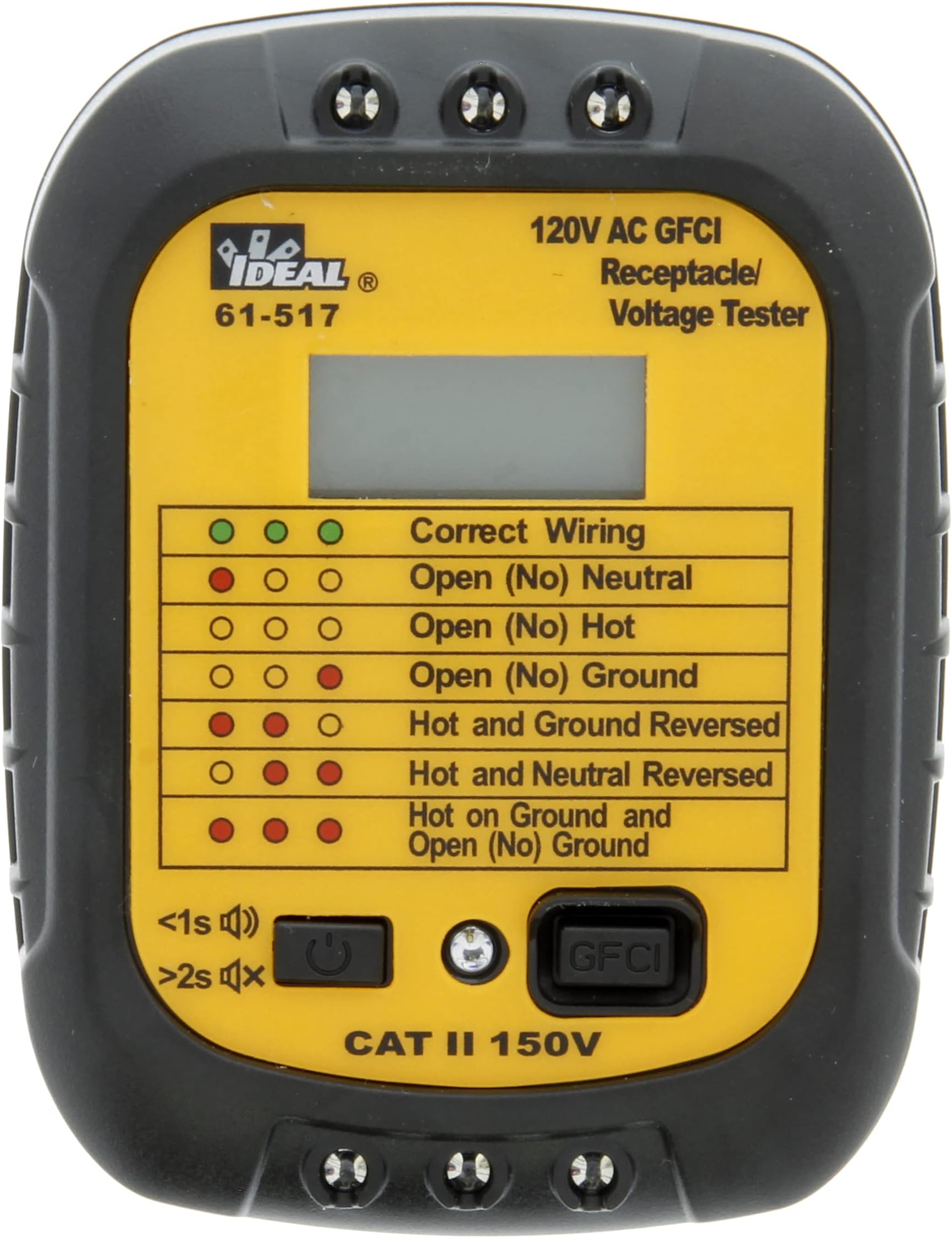 Ideal Electrical 61-517 Receptacle Tester w/GFCI & Voltage Readout 120V