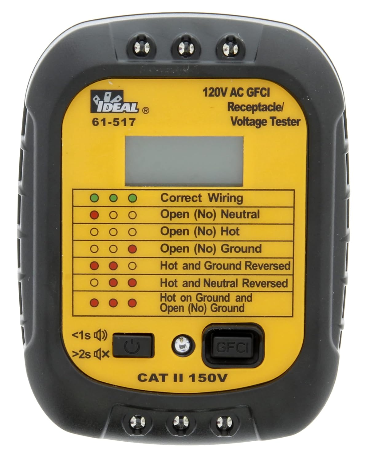Ideal Electrical 61-517 Receptacle Tester w/GFCI & Voltage Readout 120V