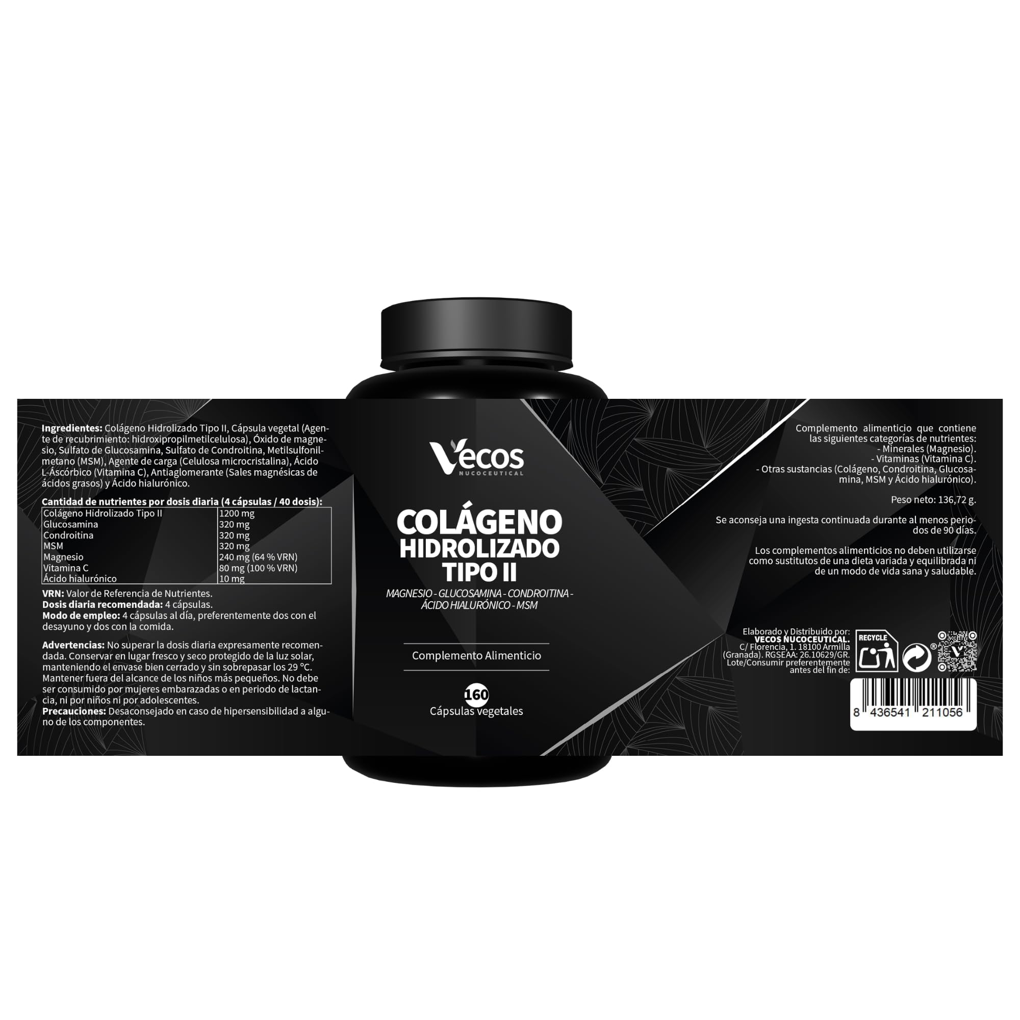 320 Cápsulas Colágeno Hidrolizado Tipo II - 160 Cápsulas Vegetales - Ayuda a Prevenir el Dolor y la Inflamación en las Articulaciones - Efecto Antiinflamatorio y Antioxidante