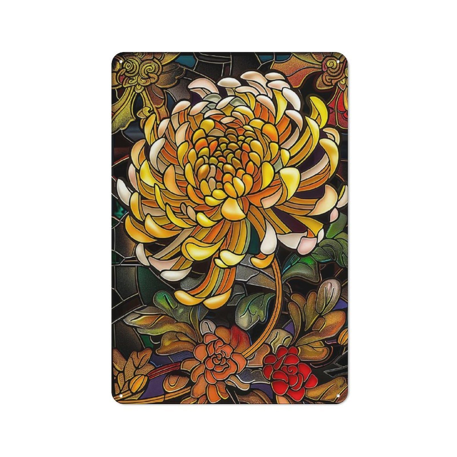 Junmoney Style-8 Retro Tin Sign 30X20cm Featuring Stained Glass Chrysanthemum For Workshop Wall, Gift For Makers And Diy Enthusiasts During The Christmas Season