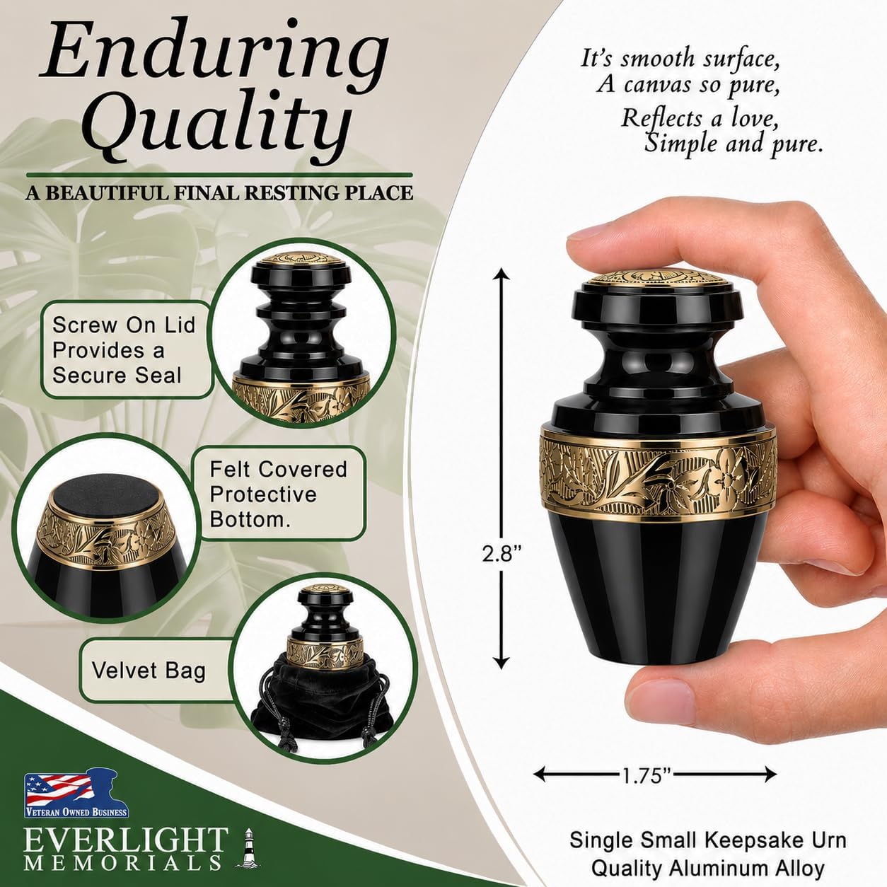 Classic Gloss Black Keepsake Urn for Ashes Adult Male – Small Keepsake Sharing Cremation Urns for Human Ashes – Memorial Funeral Urn for Men & Women, Home Display, or Burial