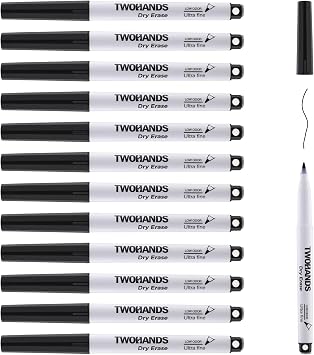 TWOHANDS Magnetic Dry Erase Markers Ultra Fine Tip, 12 Black, 0.7mm