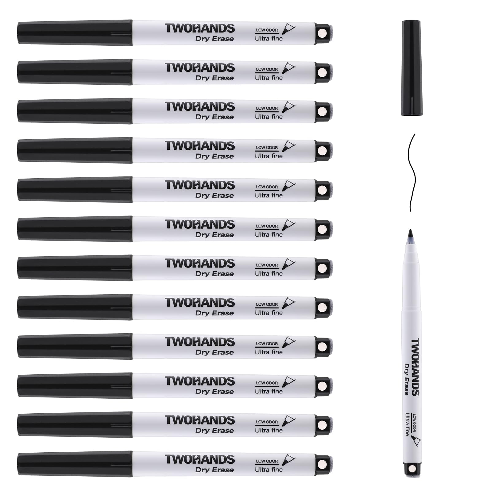 TWOHANDS Rotuladores magnéticos para pizarra blanca, punta ultrafina, 0,7 mm, negro, 2 en 1, borrables con goma de borrar e imán, 12 unidades, 20666