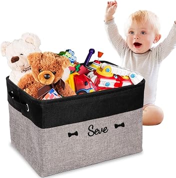 Personalized Kids Toy Box for Boys Girls, Custom Embroidered Name Toy Bin with Handle,Kids Toy Storage Organizer , Collapsible Storage Basket , Bin for Kids Toys, Clothes, BooksGrey Black