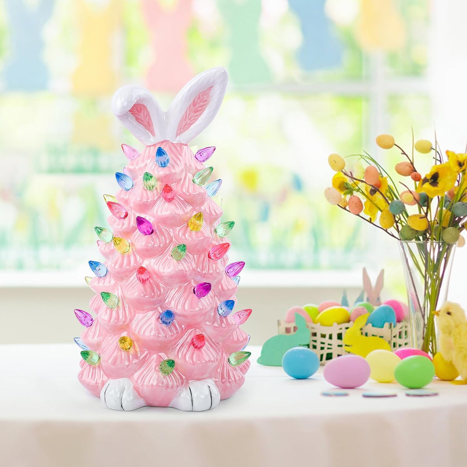Light up Easter Bunny Decor Glowing Tree, Cute Ceramic Easter Tree Bunny Decorations for The Home Indoor Bedroom Office Decor Tabletop,Night Light for Kids Gifts (Pink)