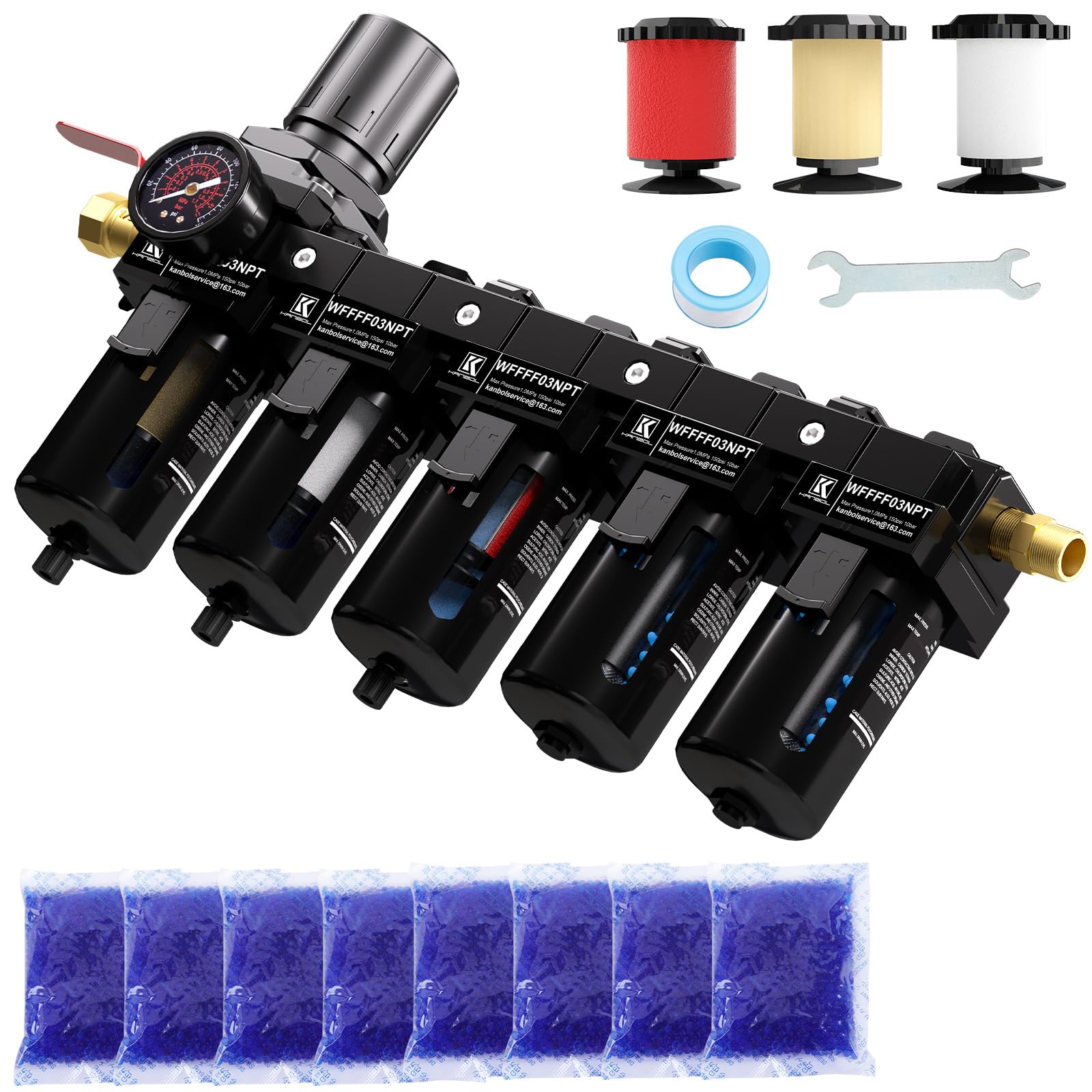 Essiccatore d'aria a 5 stadi NPT da 3/8 "per compressore, filtro in ottone e filtro a coalescenza, essiccatore doppio essiccante e regolatore d'aria, sistema di separazione dell'acqua del