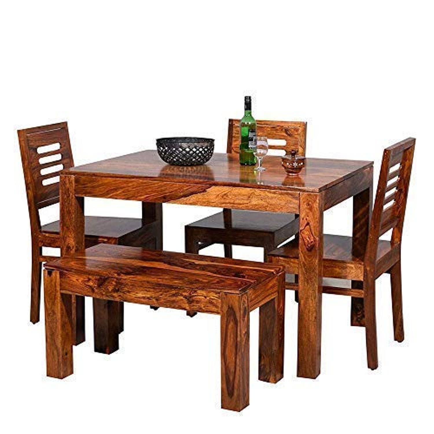 Porash Furniture Sheesham Wood 4 Seater Dining Table with 3 Chairs and 1 Bench for Living Room Home Office Dining Room Square Dinner Table - (Honey Finish) | 1 Year Warranty