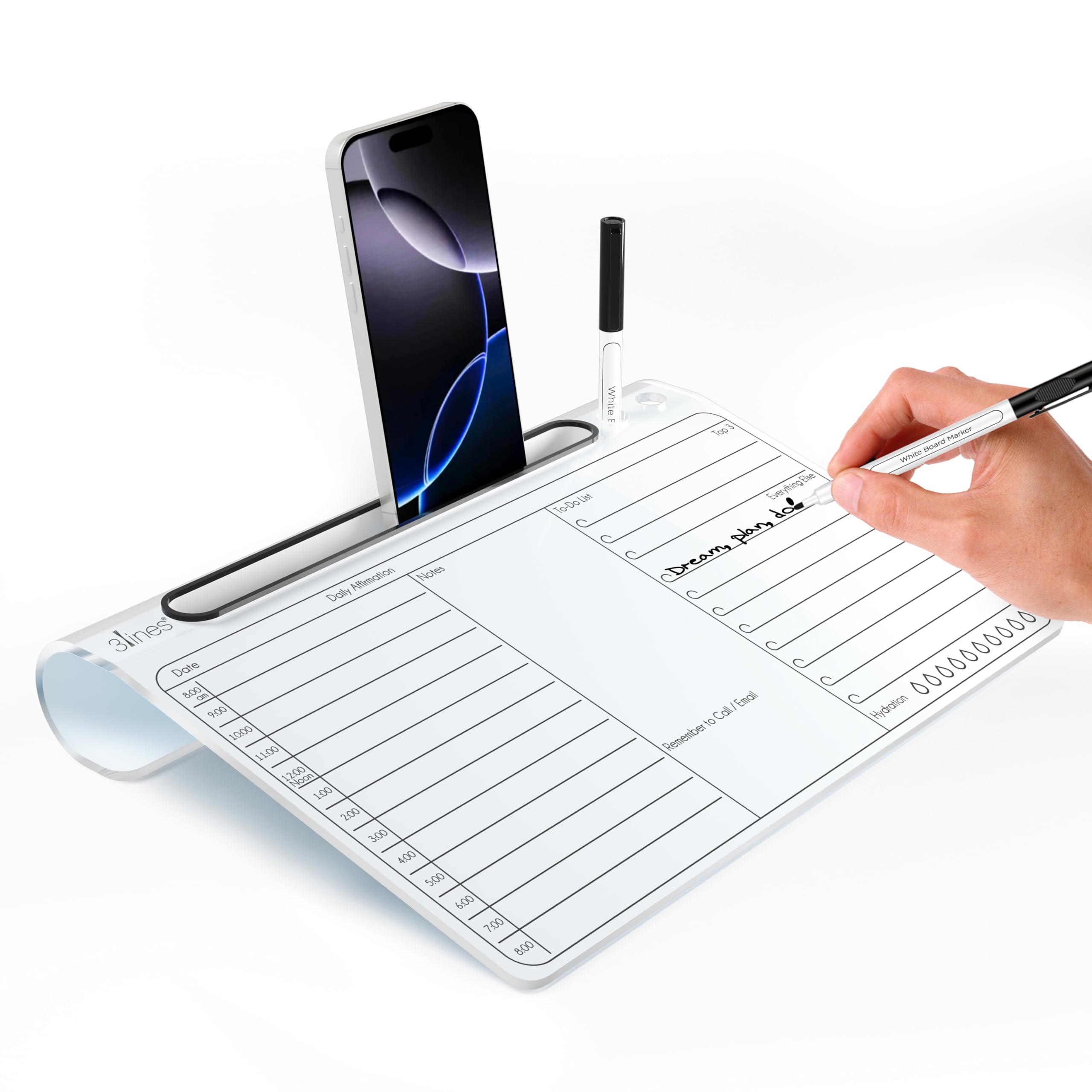 3 Lines Daily Slate | White Acrylic Writing Board for Desk | Dry Erase| with Phone & Marker Holder | Ideal for Home & Office |Includes Markers & Cleaning Cloth | Daily Planner | Large-picture-13