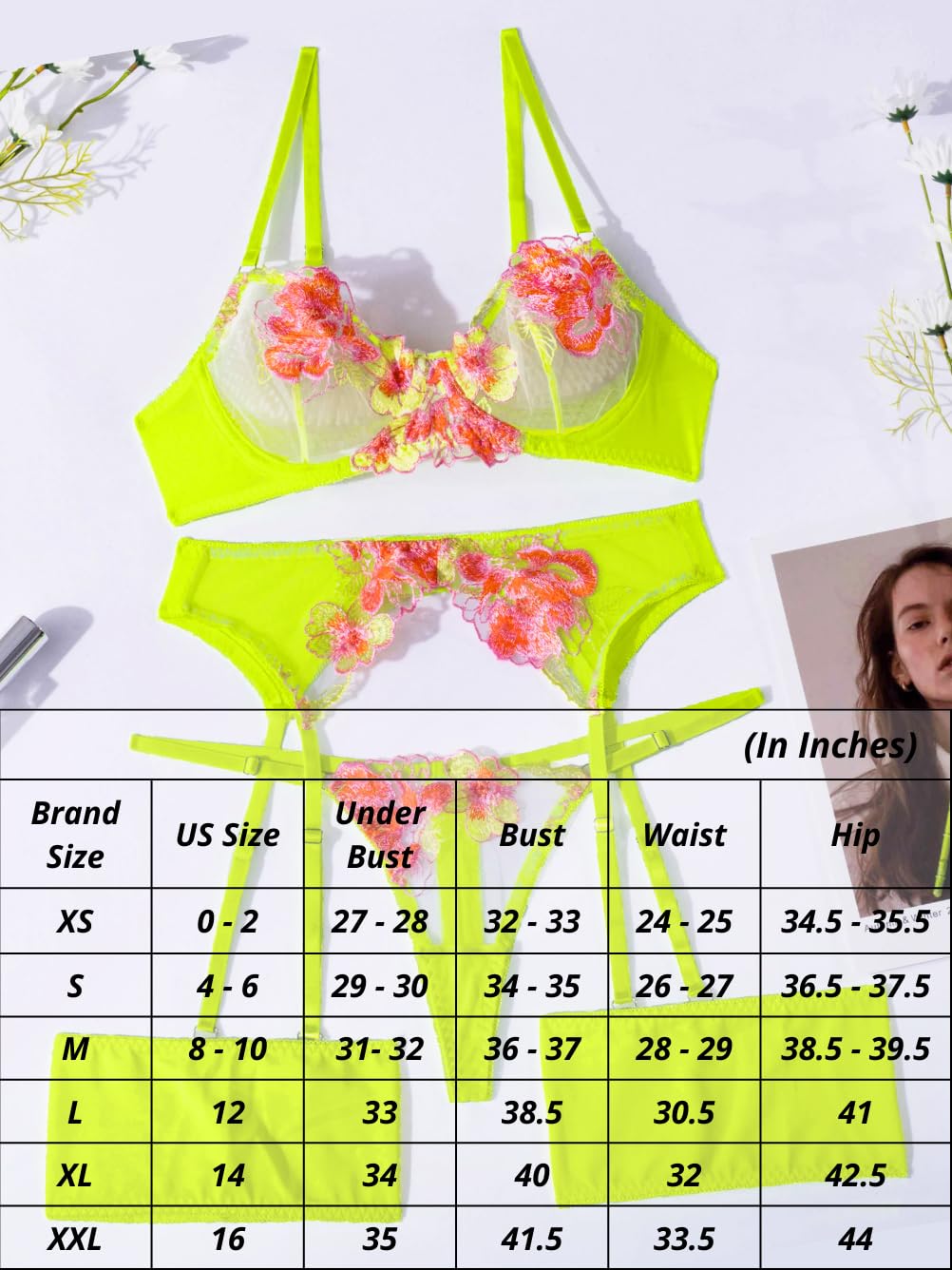 Kaei&Shi Floral Embroidered Garter Belt Set,Sheer Lingerie Sets for Women Sexy,Wedding Night Valentines Boudoir Outfits: Fluorescent Green 14