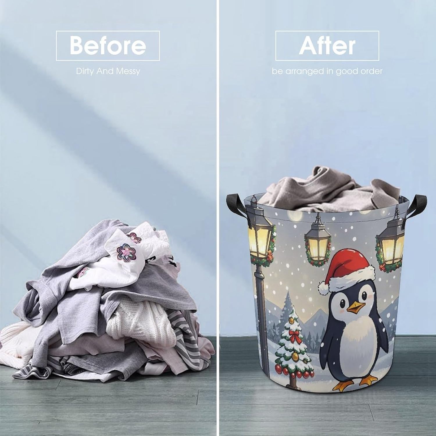 13.8 × 13.8 × 17.3 Inches Collapsible Laundry Baskets Lovely Penguins Printed Waterproof Laundry Hamper Foldable Dirty Clothes Storage Bin for Bathroom Bedroom Office image 5