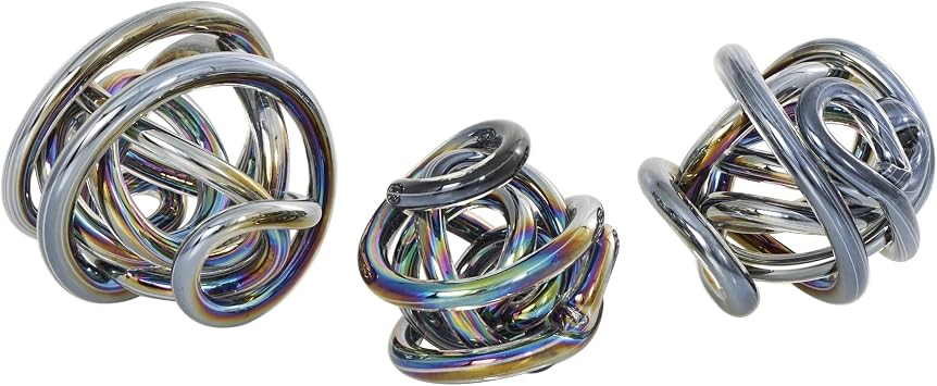 Deco 79 Glass Abstract Handmade Decorative Sculpture Iridescent Knotted Ball Home Decor Statues, Set of 3 Accent Figurines 5", 4", 4"W, Dark Gray