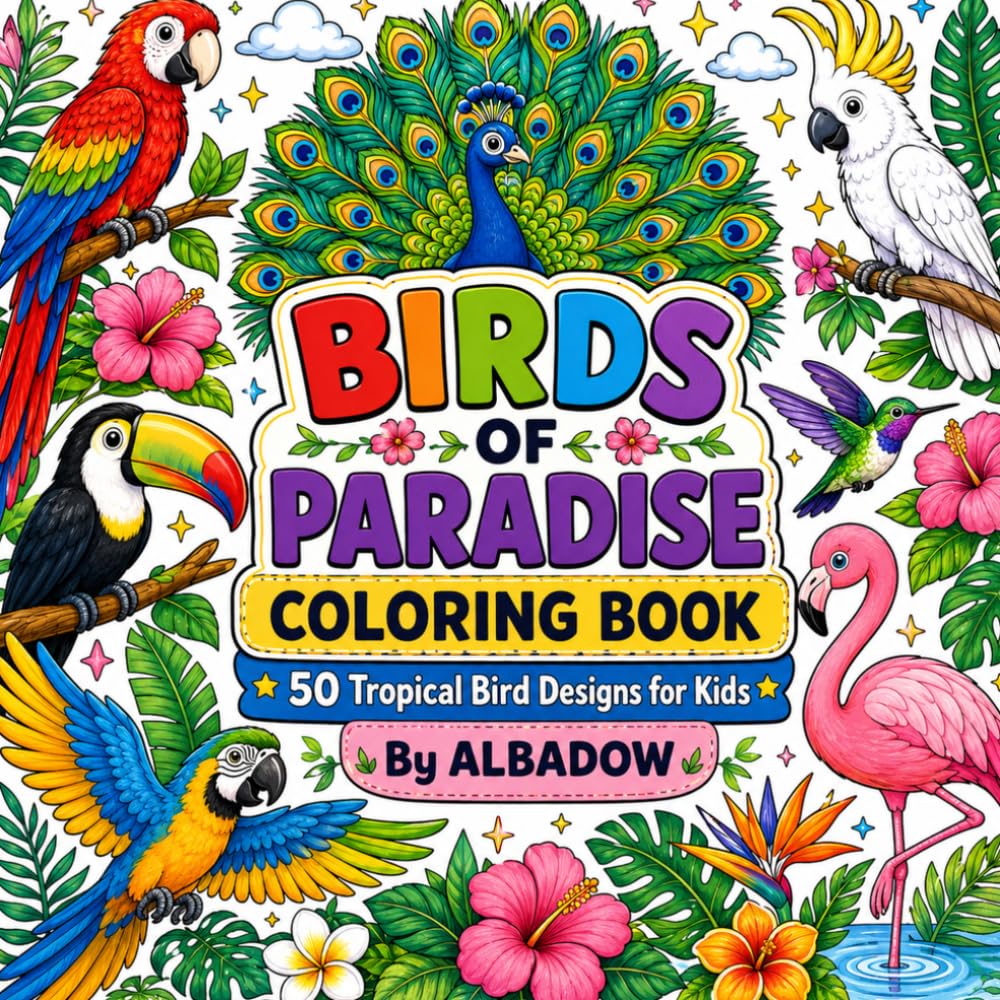Birds of Paradise Coloring Book for Kids: 50 Fun Tropical Bird Adventures - Parrots, Peacocks, Toucans, Flamingos & More!