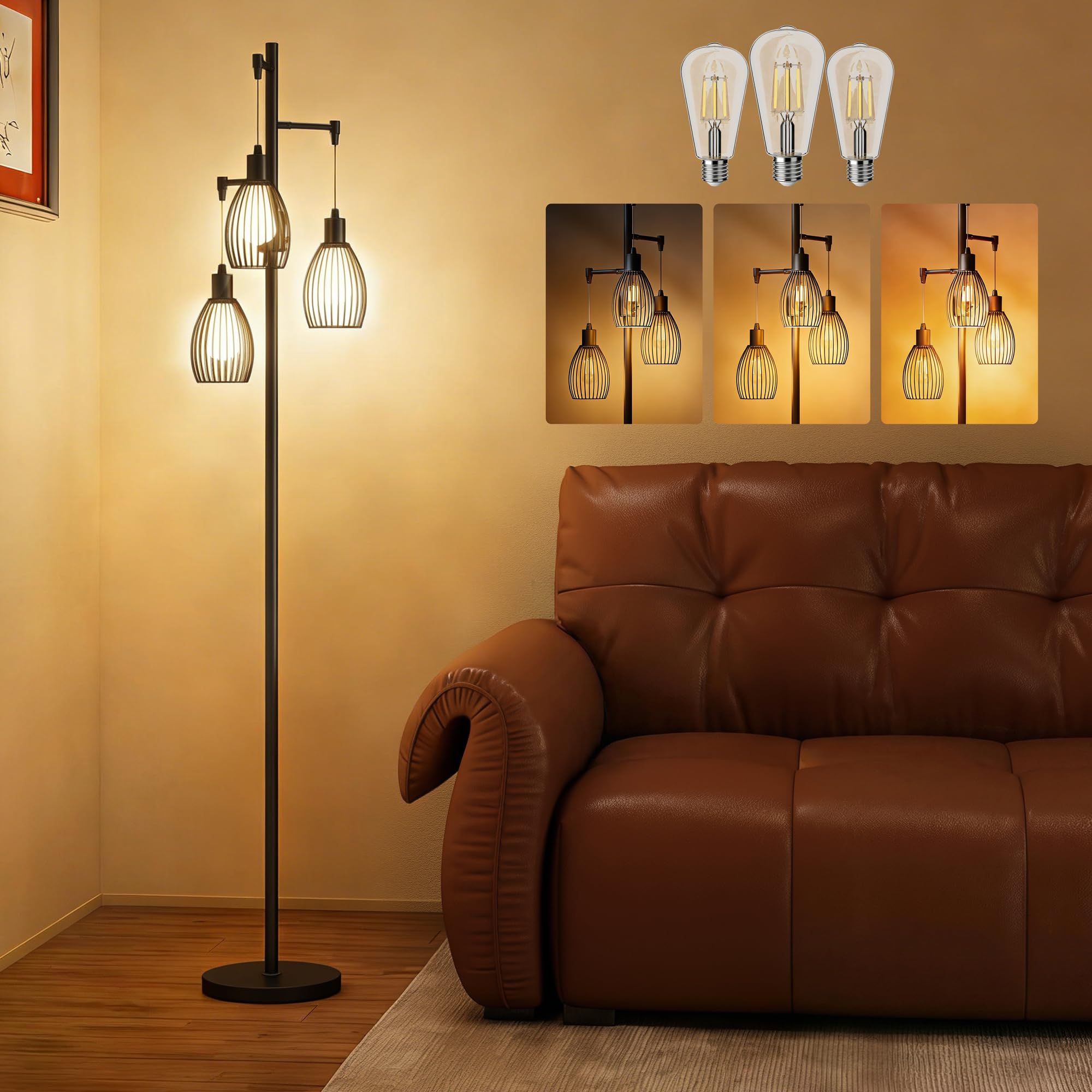 HOMCOM Industrial Style Dimmable LED Floor Lamp - Black - 3 Light