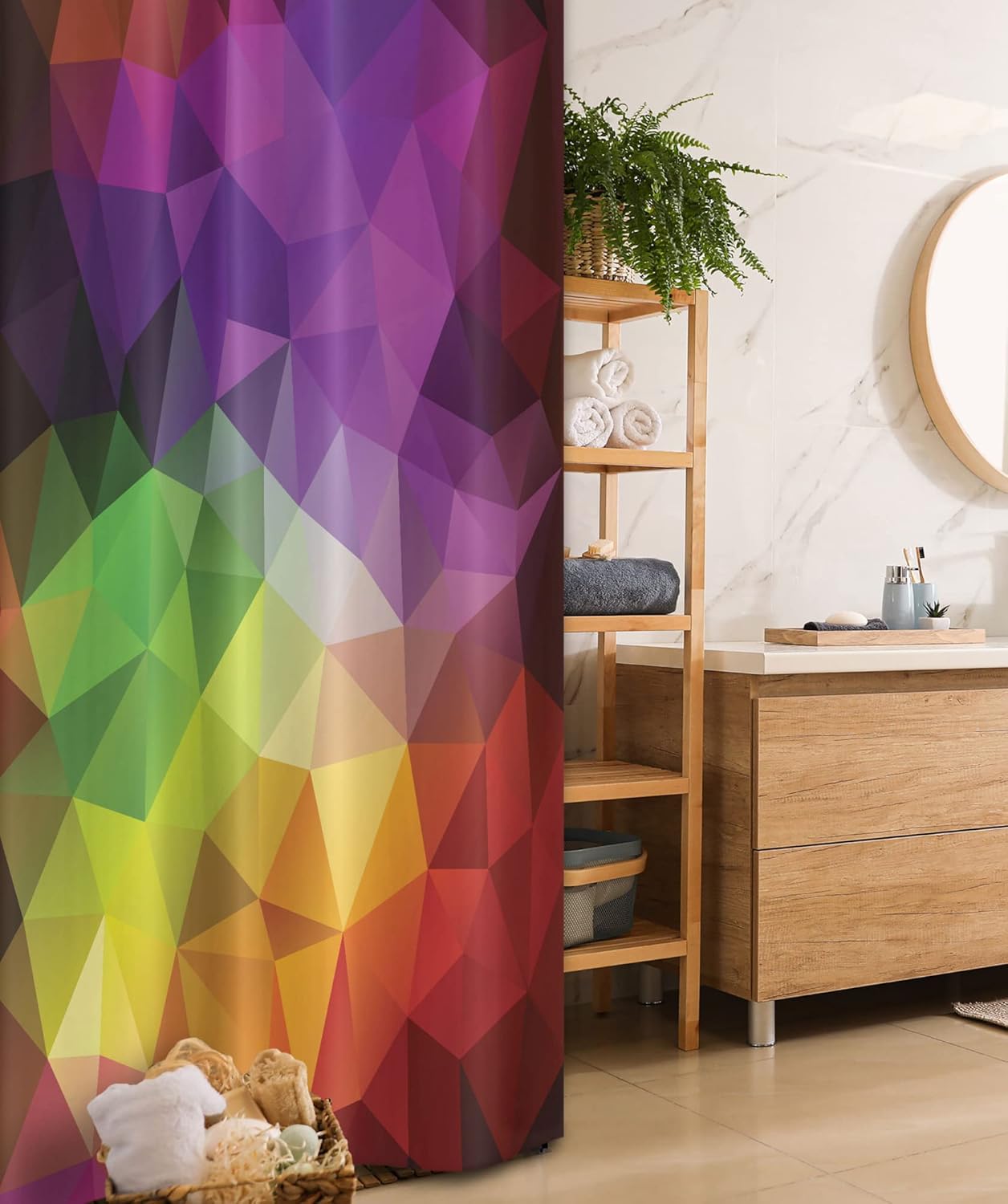 Ambesonne Abstract Stall Shower Curtain, Colorful Geometric Shapes Triangular Polygons Creative Surreal Print, Fabric Bathroom Decor Set with Hooks, 36" W x 72" L, Purple Green Coral